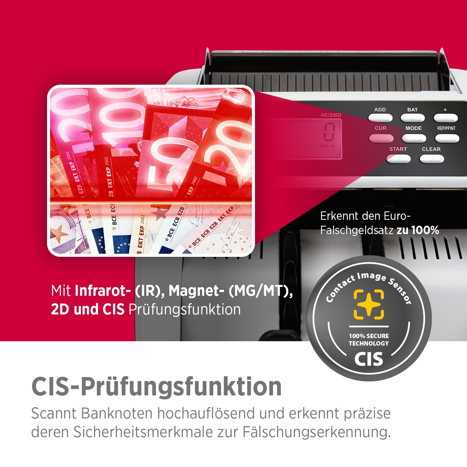 Olympia NC 570 Geldzählmaschine (für Scheine, Echtheitsprüfung, Gemischte Banknoten, LCD-Display, Geldzähler-Maschine für Euro, Dollar, Pfund etc., Profi Geldscheinzähler mit Sortiermodus)