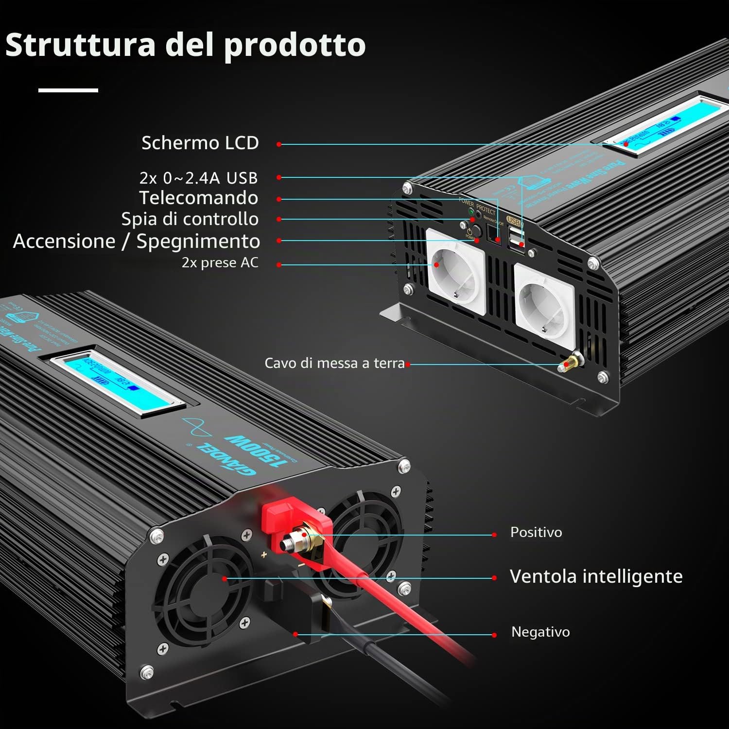 Giandel Power Inverter 1500W Onda Sinusoidale Pura Convertitore DC 12V a AC 220V 230V con telecomando & LCD Display e 2 Porte USB per auto,caravan camper