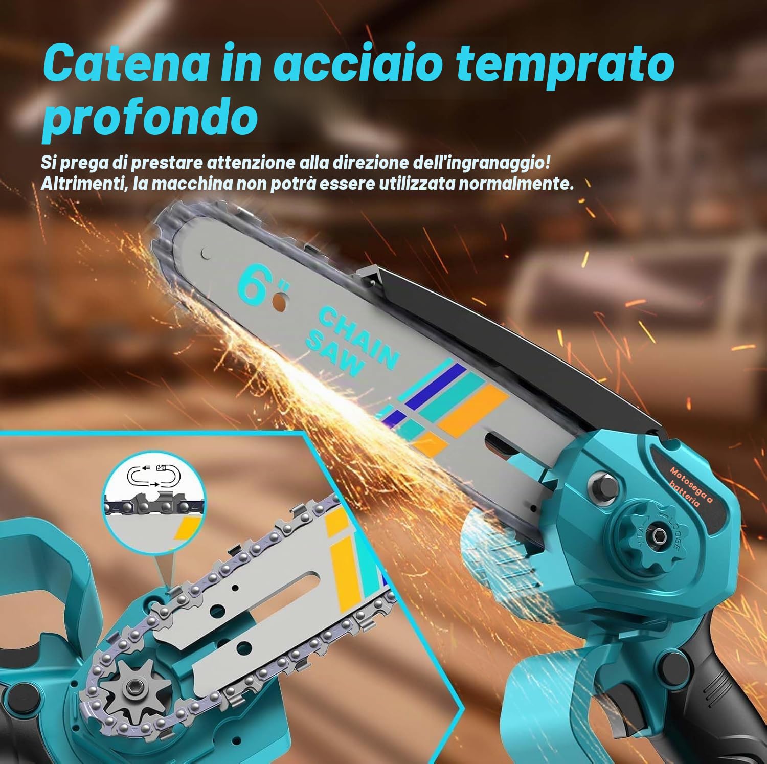 Mini Motosega a Batteria 6000mAh, 6 Pollici Motosega Elettrica con 2 Batterie, 2 Catene e Blocco di sicurezza per il Taglio Del Legno e Giardini