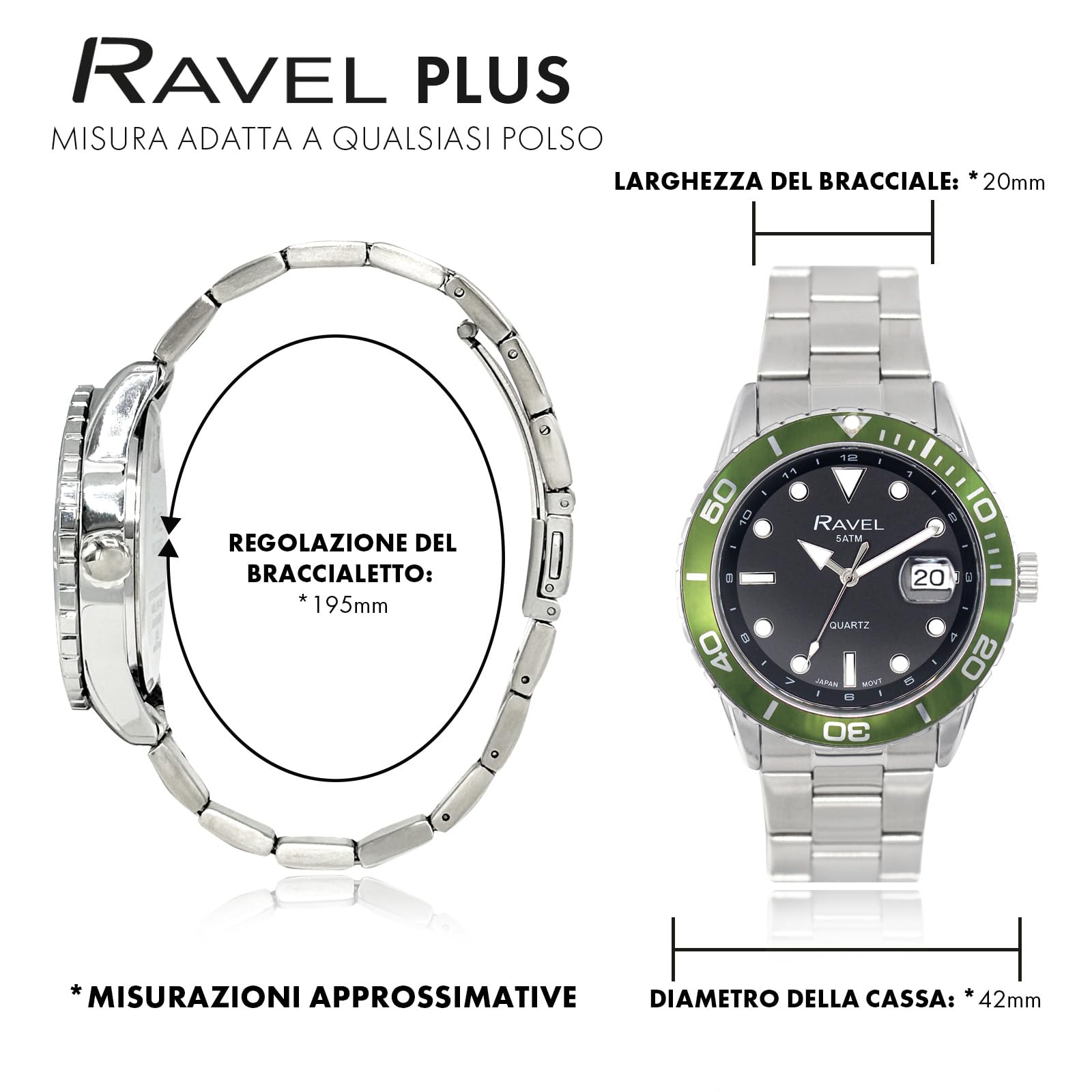 Ravel Plus - Orologio da Uomo Rotondo 42 mm con Calendario e Impermeabilità 5 ATM, Lunetta Girevole Unidirezionale e Vetro Zaffiro con Rivestimento Protettivo - Analogico Quarzo - RPD-09-12