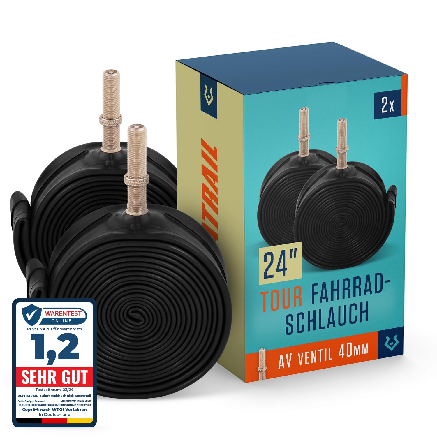 Alphatrail Fahrradschlauch Rick 24 Zoll AV Autoventil 2X Set mit Mobilitätsgarantie I Kompatible Fahrradreifen Schwalbe, Continental, Conti, Michelin, Kenda & Maxxis Fahrrad Schlauch