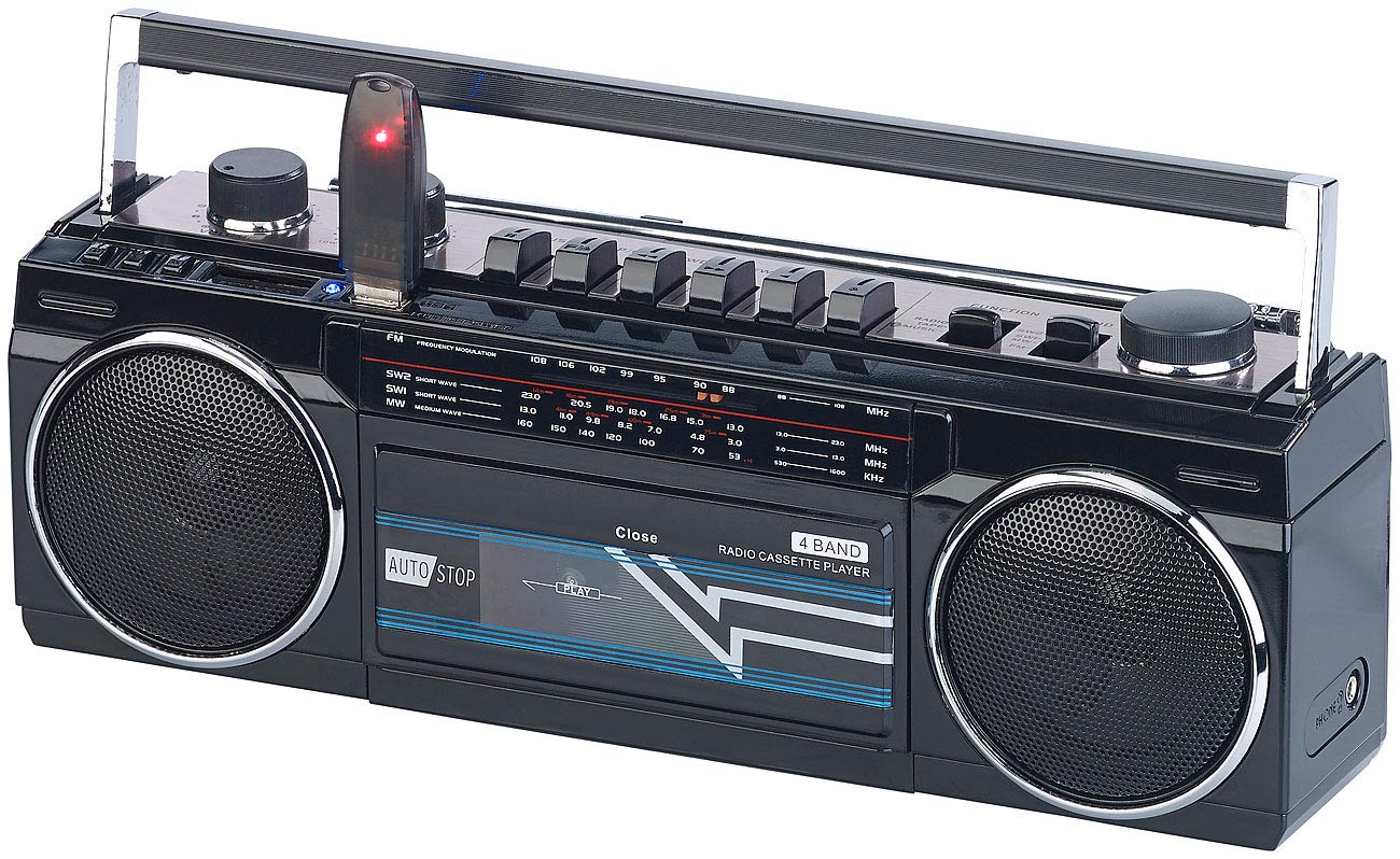 auvisio Radio casetes portátiles - grabadora de casetes Retro: Boombox Retro, Reproductor de casetes, Radio FM, SW y MW (grabadora Radio, años 90, SDS)