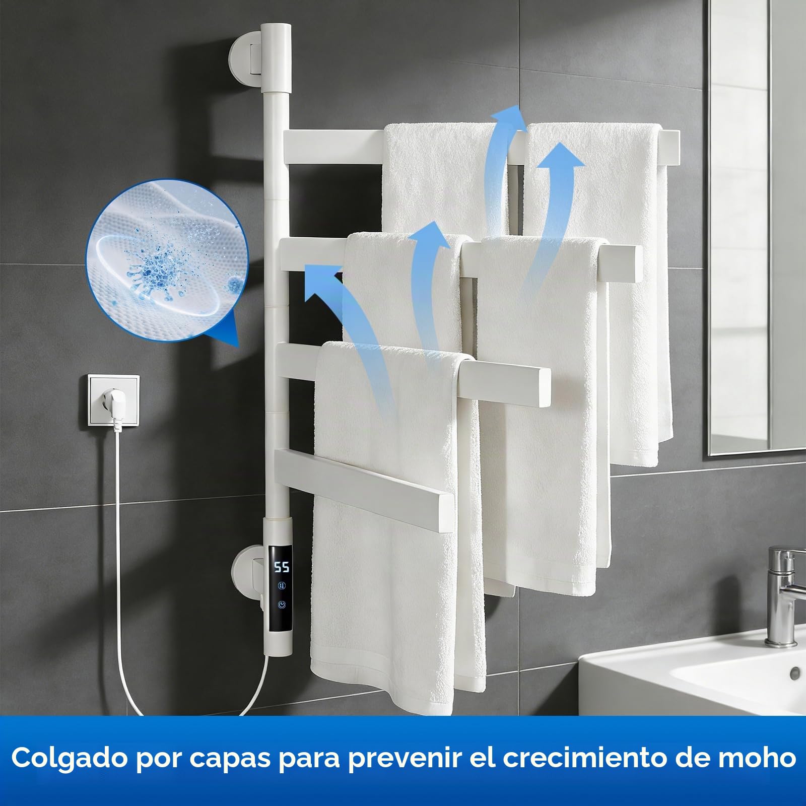 Toallero Eléctrico de Baño, Toallero Giratorio a 180°, Radiador de Toallas Eléctrico 70x48cm, 4 Barras Temperatura Ajustable Bajo Consumo 75W IPX4