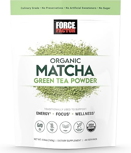 Force Factor Té verde matcha orgánico en polvo para energía, concentración y bienestar diario, grado culinario, certificado por USDA, sabor