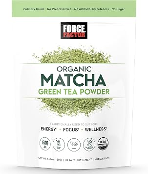 Force Factor Organic Matcha Green Tea Powder for Energy, Focus, and Daily Wellness, Culinary Grade, USDA-Certified Organic, Rich and Delicious Flavor 169g, 84 Servings