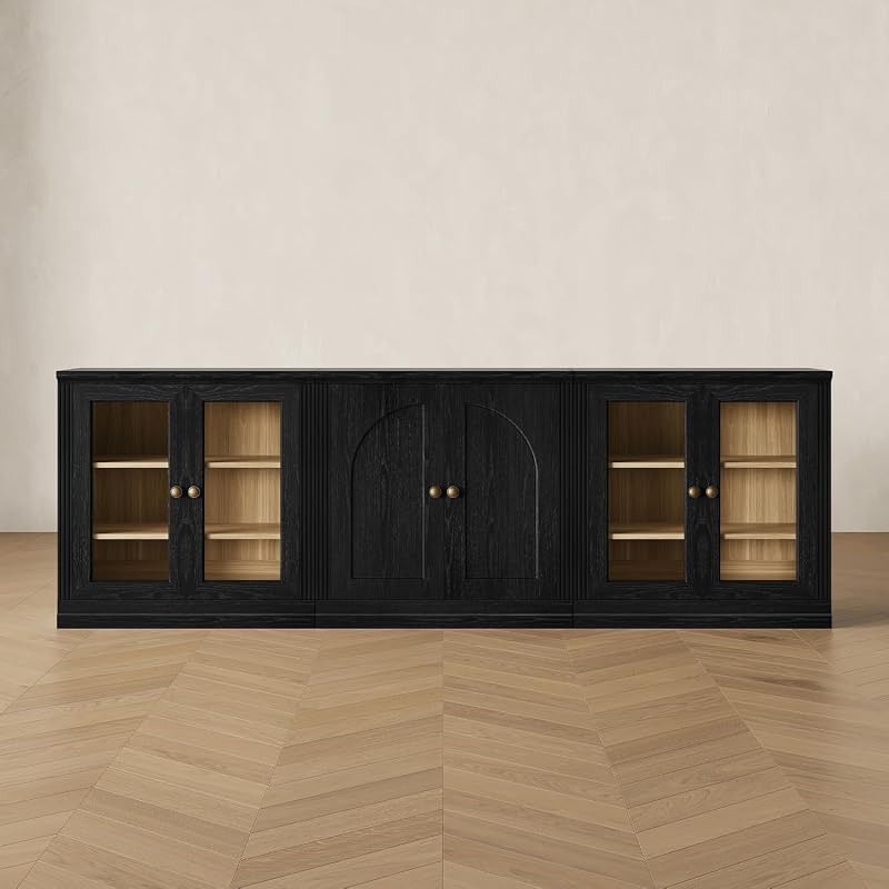 Monos 96-Inch Modular TV Stand with Acrylic Doors Display Cabinet, Black | Modular Set of 3, Vintage-Inspired Design, Adjustable Shelves, Fluted Edges, Living Room Media Storage, Entertainment Center