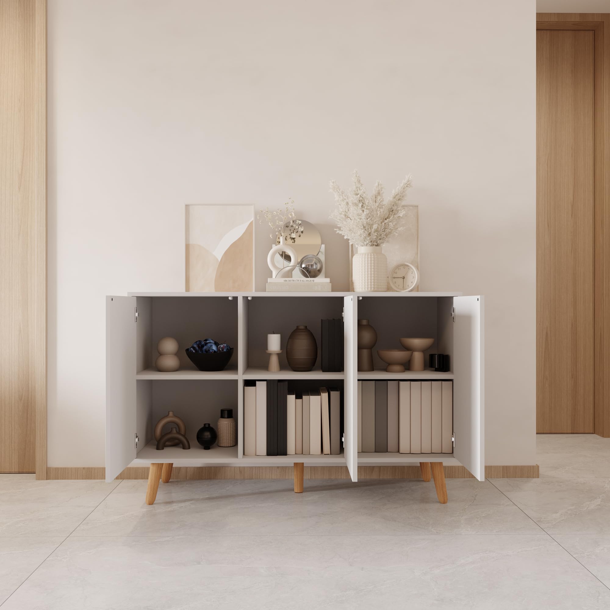 MB Muebles Bonitos | Aparador Salón Blanco 120 cm Renzo | Mueble Auxiliar Diseño Acanalado 3 Puertas con Patas de Madera | Estilo Nórdico Moderno para Comedor | 120x76x40 cm