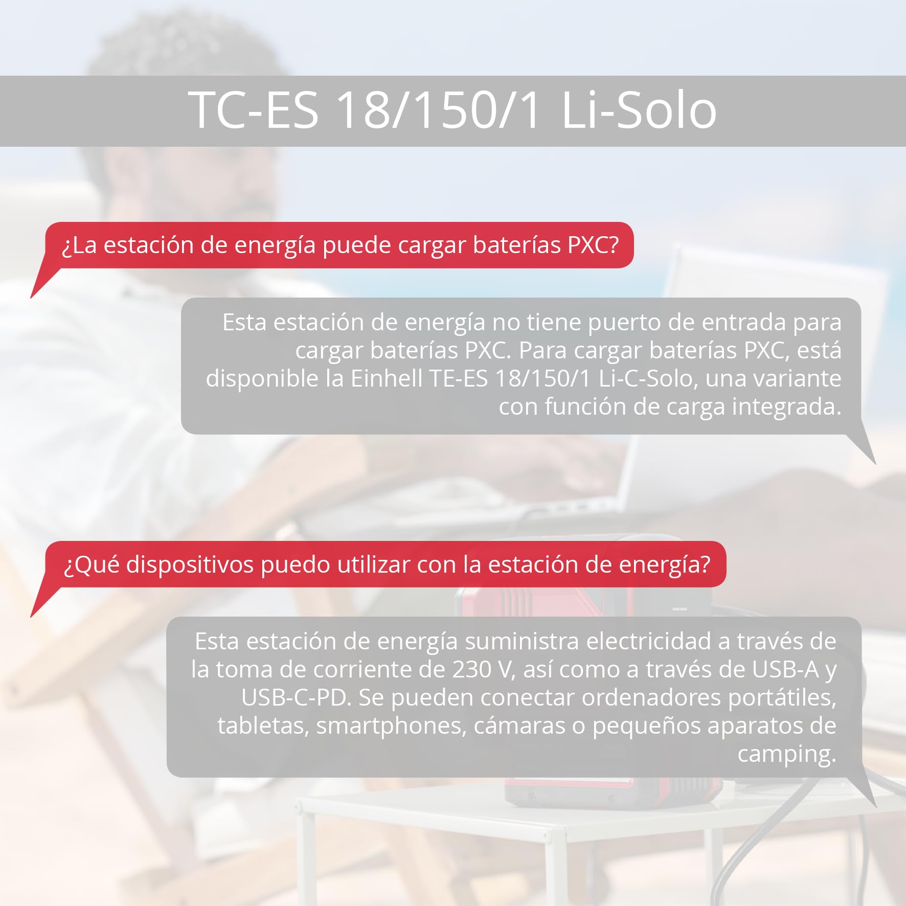 Einhell estación de energía con batería TC-ES 18/150/1 Li-Solo Power X-Change (18 V, inversor Compacto, conexión 230 V, conexión USB-A y USB-C-PD, sin batería)