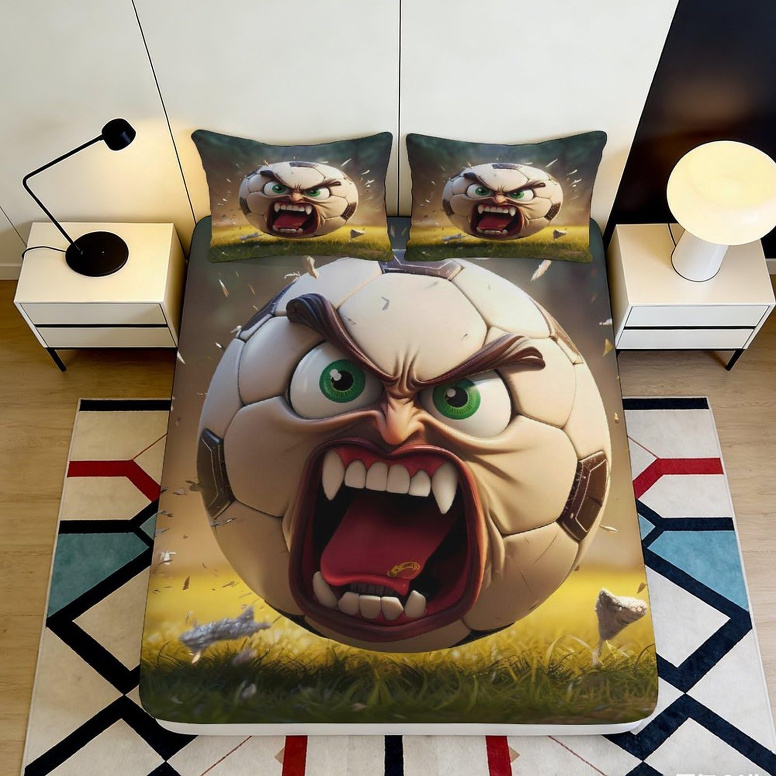 3D Printed Angry Soccer Ball Fitted Sheet Microfiber Durable Bedding 3D Printed Face Mattress Cover for Bedroom Dormitory Guest Room Mattress Protection 90x200x25cm