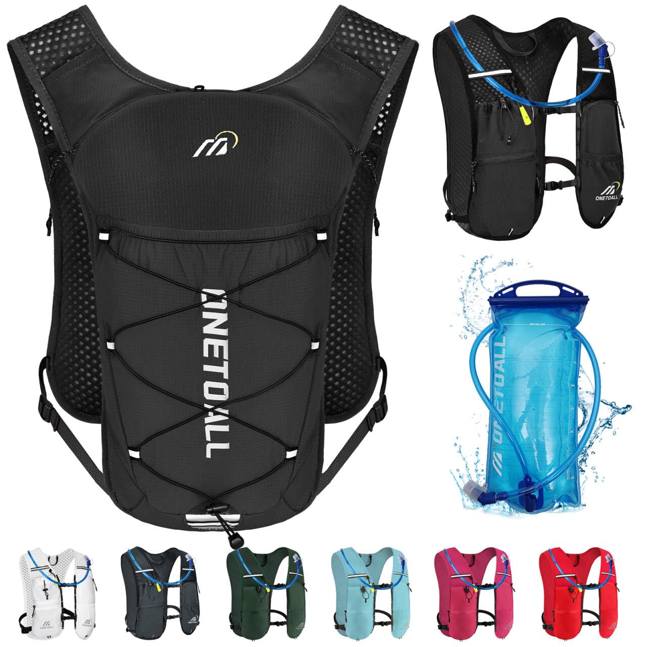ONETOALL Laufweste Damen mit 500ml Trinkflasche/2L Trinkblase, Leichter Trinkrucksack Laufen Herren 6L, Runing Vest Reflektierend für Jogging, Trailrunning, Fahrrad, Marathon, Motorrad, nur 150g