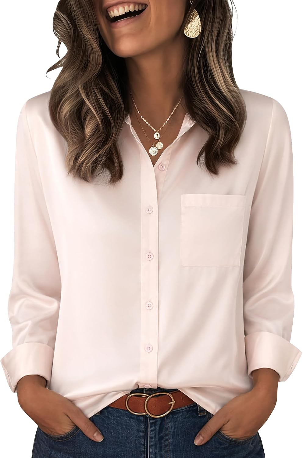 Zeagoo Womens Tops Satin Blouse Long Sleeve Shirts V Neck Dressy Casual | Button Down Business Outfits Fall Fashion With Pockets