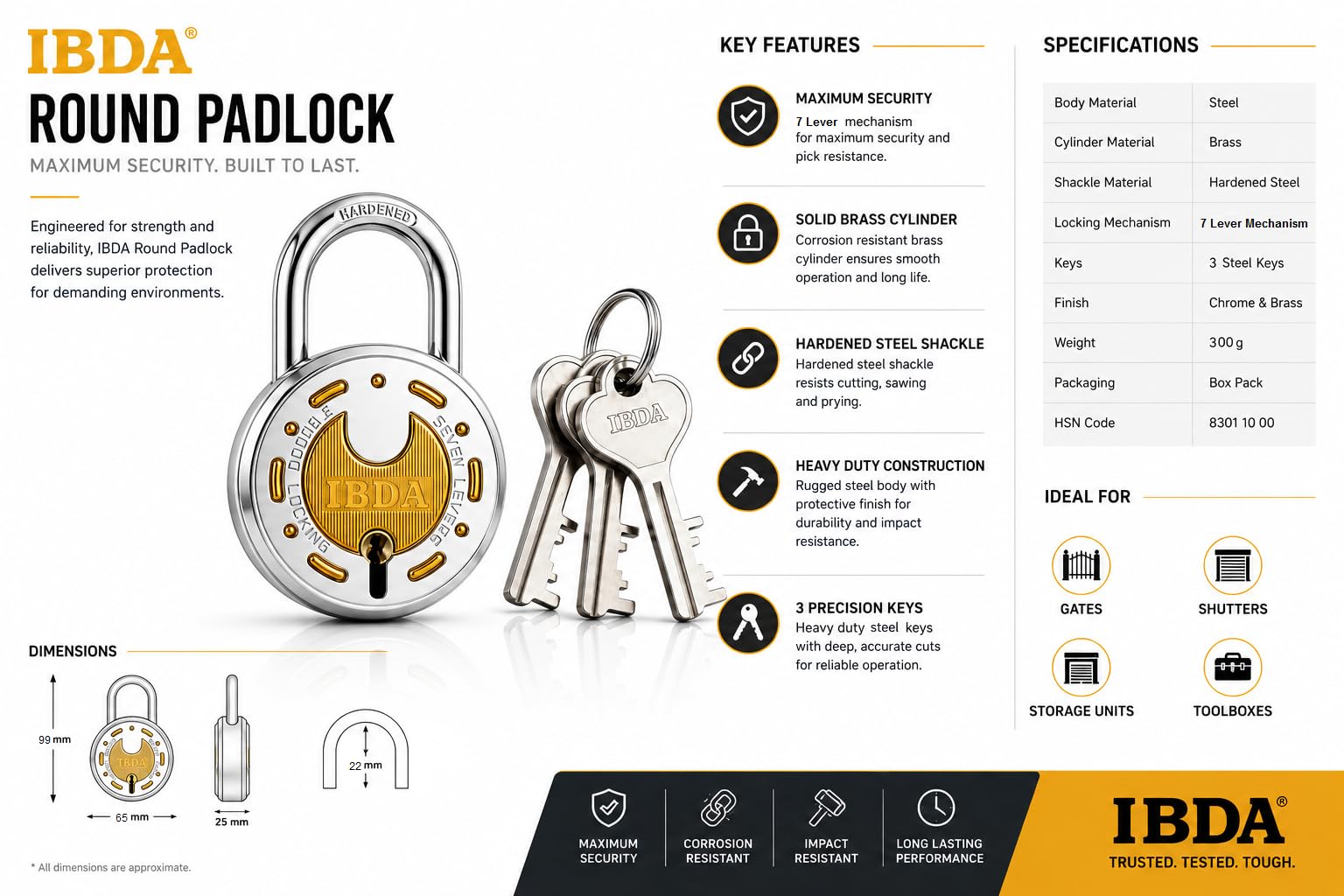 Lock and Key 65mm | Double Locking | 7 Levers' Technology | Rivetless Body Padlock | Lock for Home, Shutter, gate, Door, kadi, Channel, Chain, Shop, School, Warehouse, Flat, Outdoor-Indoor use — Amazon image 4