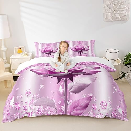Miniatura 2 de Manfei Juego de funda de edredón de 3 piezas con diseño de rosas rosadas y diamantes, para decoración de habitación de niños, niñas y adultos, funda