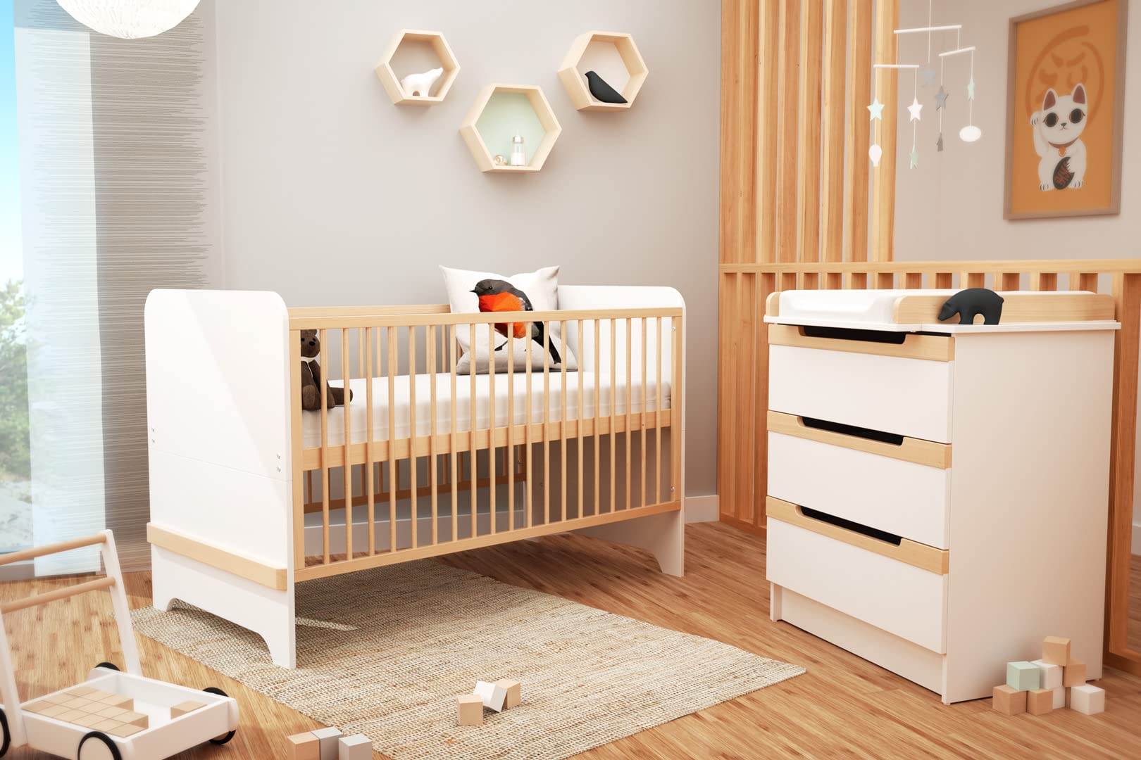 AT4 - Lit bébé évolutif en bois 70 x 140 cm CARROUSEL Blanc et Hêtre Verni