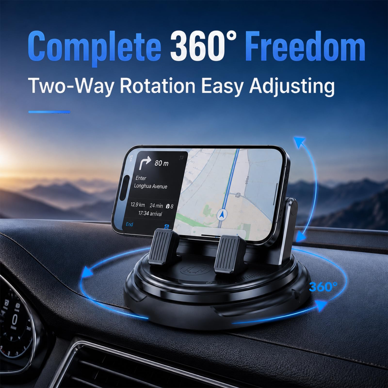 Soporte para teléfono de coche con rotación de 360 grados, soporte de teléfono para salpicadero con clip de resorte ajustable, soporte universal ajustable para teléfonos inteligentes