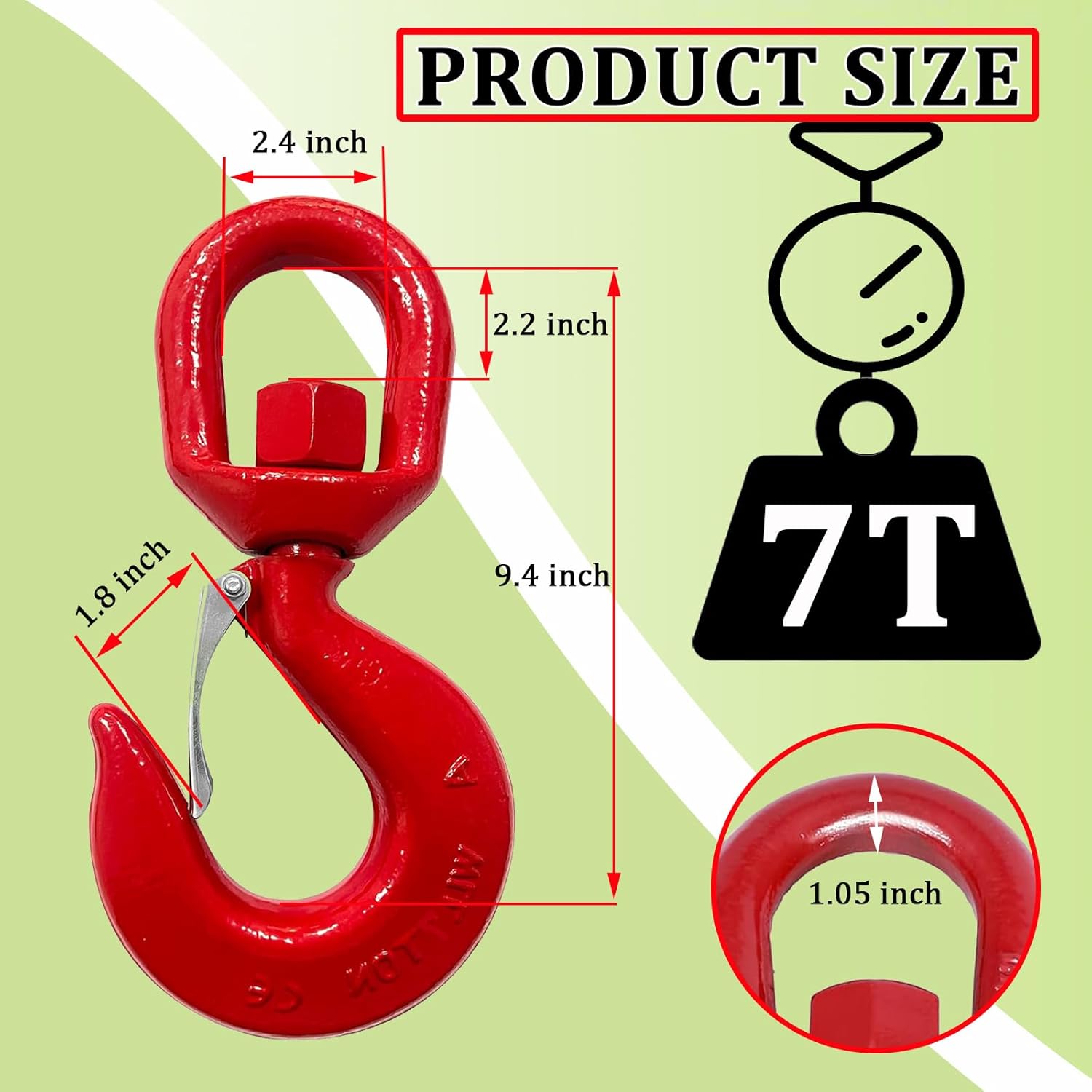 7 Ton Heavy Duty Swivel Hook, 360 Degree Crane Swivel Lifting Hook with Safety Latch, 15400 lbs Rotating Hoist Hooks Swivel Eye Sling Hook, Universal G80 Swivel Chain Hooks for Lifting Chains - Image 2