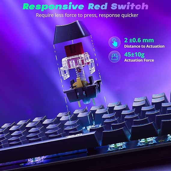Redragon Mechanical Gaming Keyboard, Wired USB-A, 104 Keys, RGB LED Backlit, Hot-Swappable Red Switch, Anti-Ghosting, Double-Shot PBT Keycaps, PC Gaming Keyboard