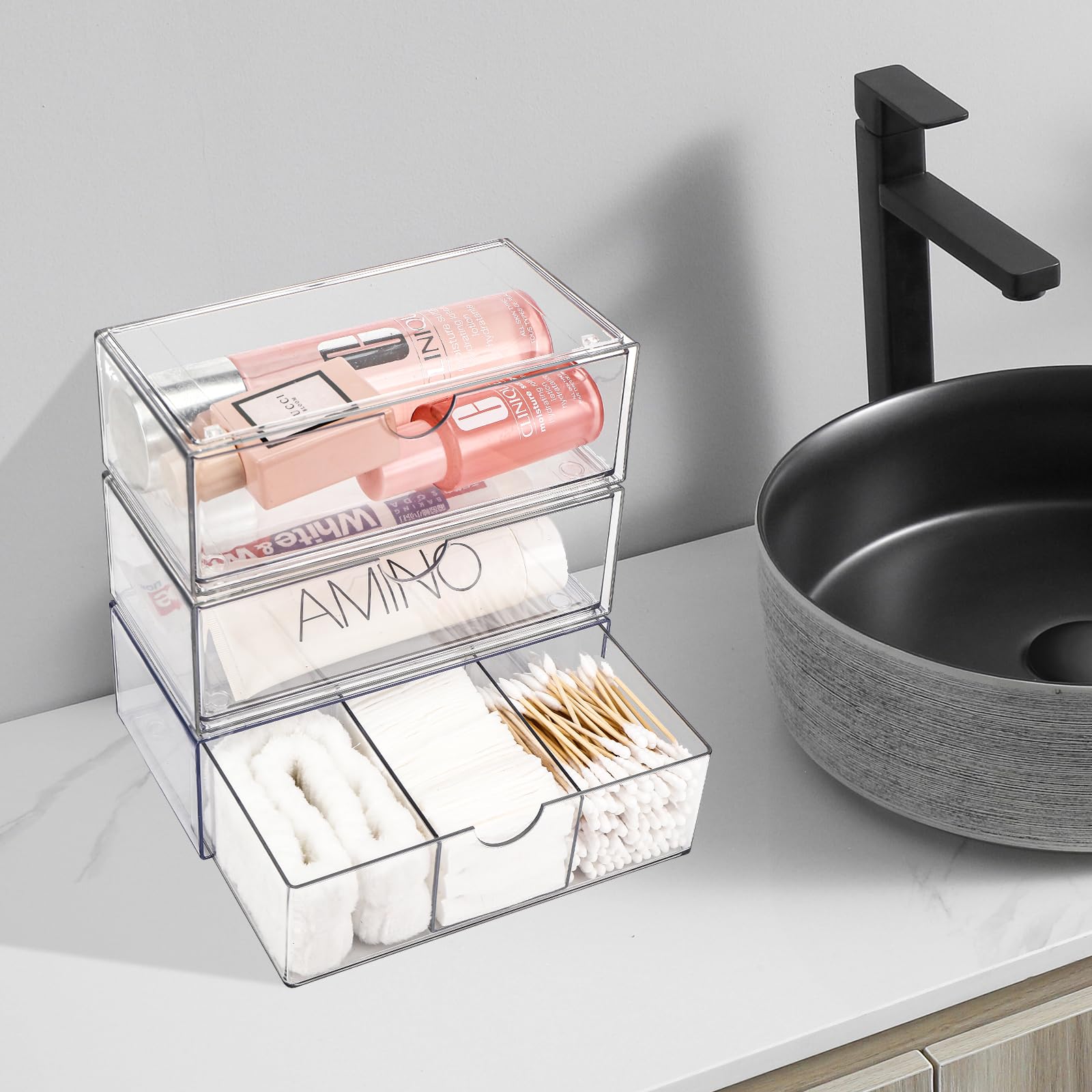 Pavlleen 3 Pezzi Trucchi Trasparente In Acrilico,Porta Trucchi Organizer da Bagno, impilabile,per Tavolozza,Pennello,Fondotinta, Rossetto,Forcine