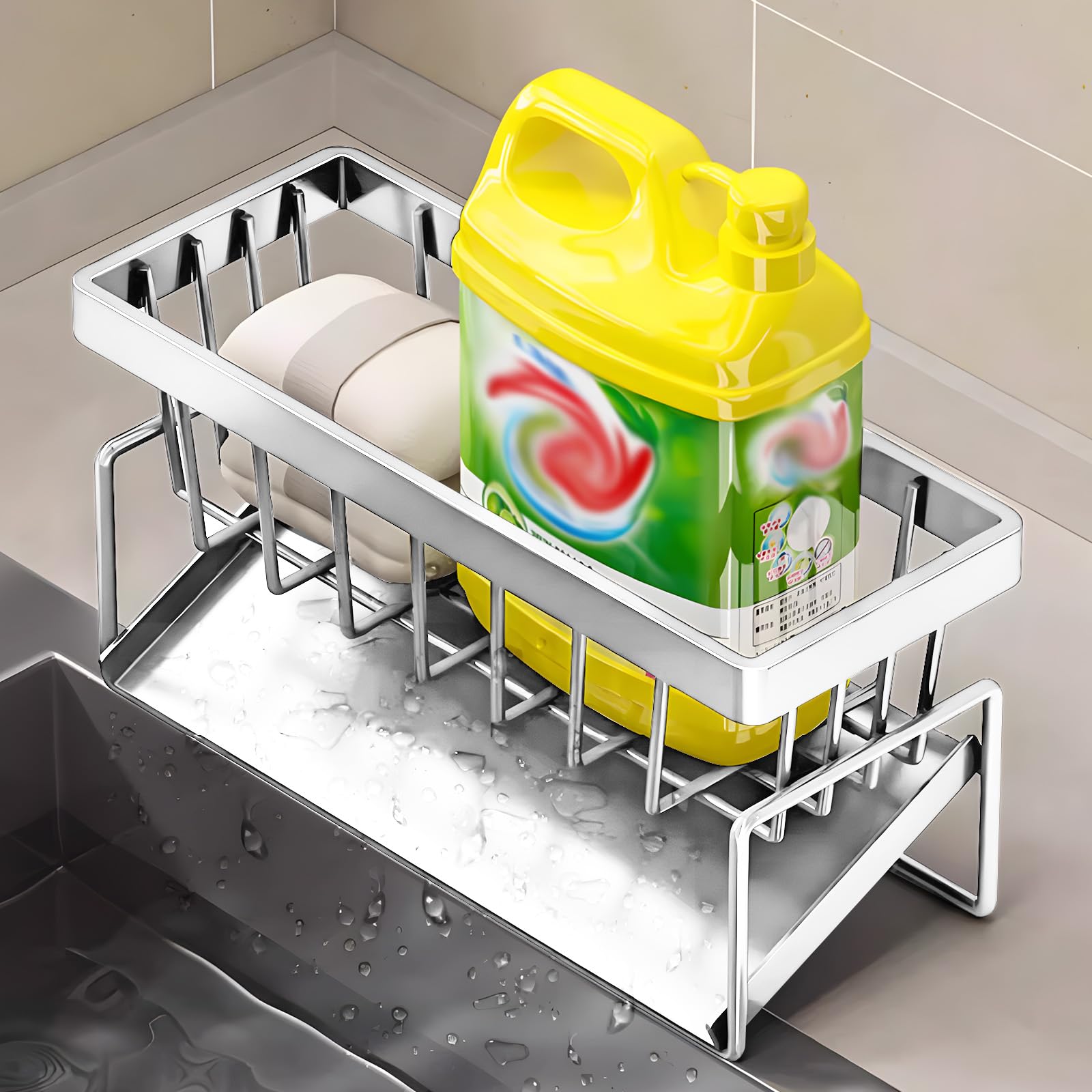 Sponge Holder Caddy for Kitchen Sink Organizer Soap Storage Rack with Auto Drain Tray Stainless Steel Countertop Dispenser