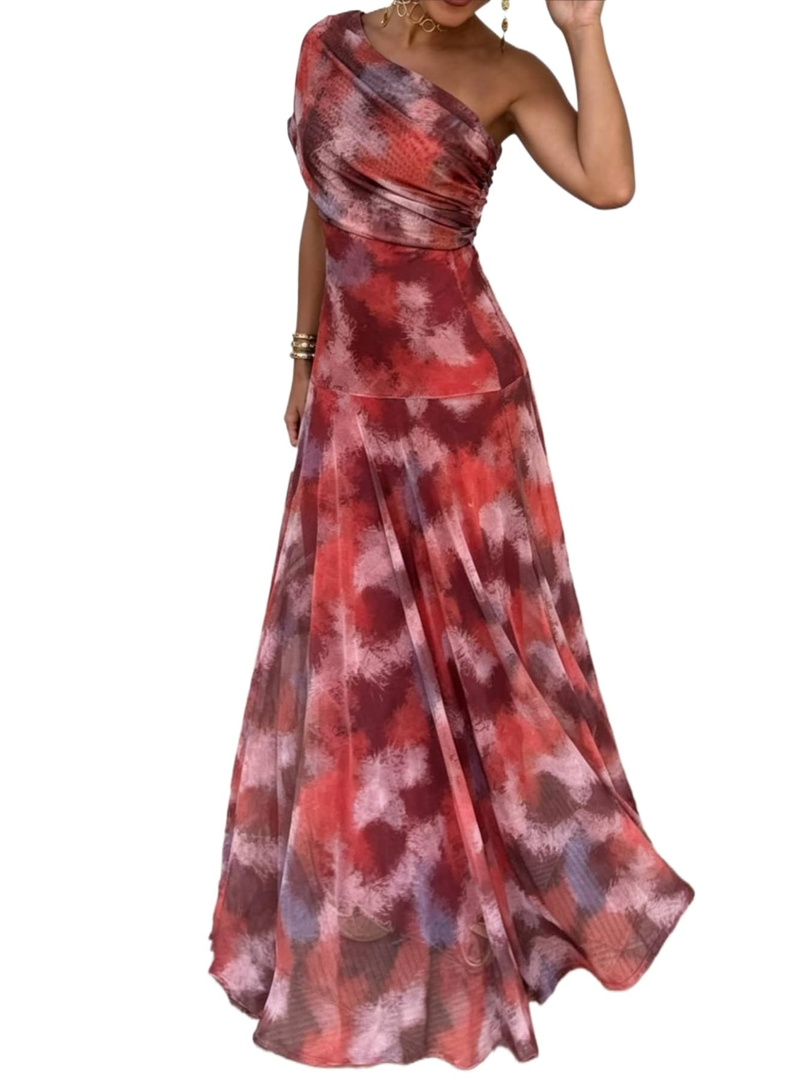 Abito Lungo Aderente da Donna Sexy con Spalle Scoperte, in Chiffon, svolazzante, Casual, per Feste, Matrimoni, Senza Maniche, Plissettato