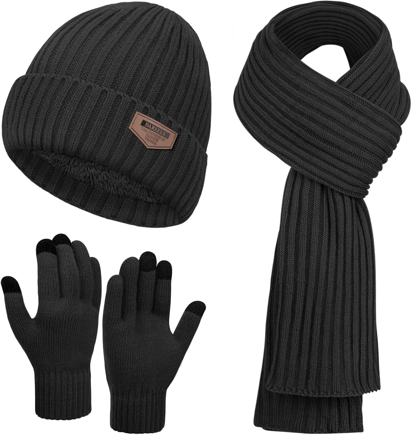 Mens Hat and Gloves Set, Warm Beanie Knit Long Scarf Fleece Lined Winter Hats Touchscreen Gloves for Men