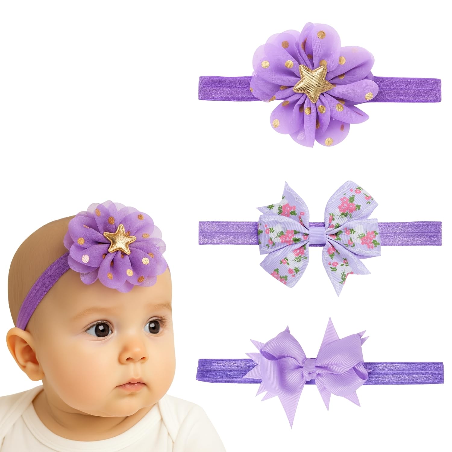 ANNA CREATIONS 3 Pcs Baby Headbands for Baby Girl & Boy, Soft Stretchy Hair Bands with Flower and Bow Design, Comfortable and Cute Hair Accessories for Newborn, Infant and Toddler Babies (Multicolor-7)-image-28