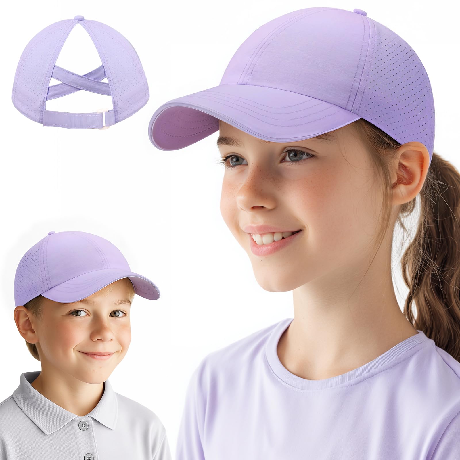 J.Fée Girls Baseball Caps Ponytail Cap, Girls Summer Hat Criss Cross Ponytail Hat Kids Baseball Cap Mesh Breathable Adjustable Quick Drying Summer Hats for Kids, 51.5-54CM, Purple, 1Pc