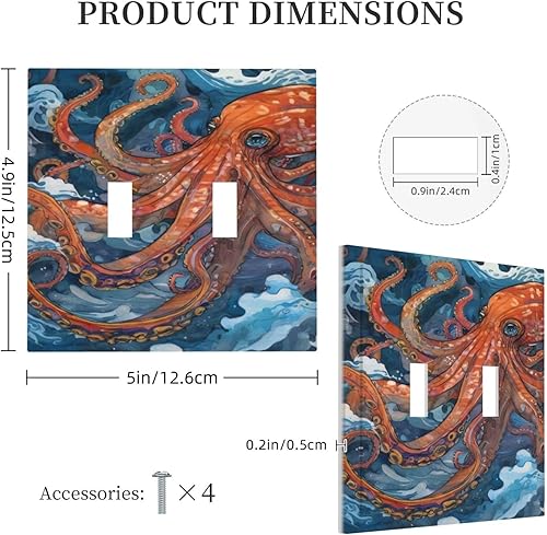 Miniatura 5 de Cubierta decorativa de interruptor de luz de doble palanca con diseño de pulpo rojo, monstruo y ola de mar azul, cubierta decorativa de placa de