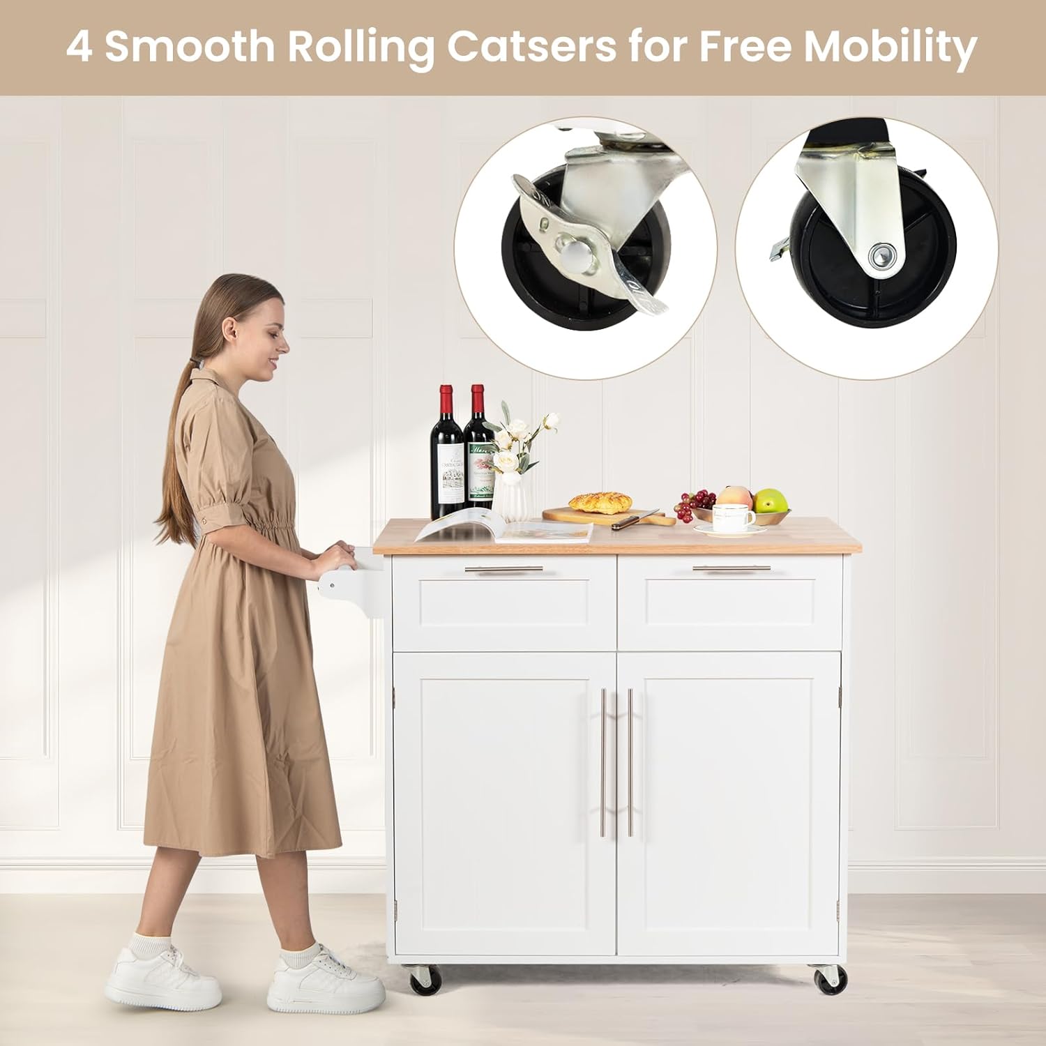 Kitchen Island with Storage, Mobile Kitchen Trolley Cart with Wheels, Rubber Wood Top, Adjustable Shelves, Towel Rack & Drawers, Rolling Kitchen Island Cart, 37" L x 18" W x 37" H (White)