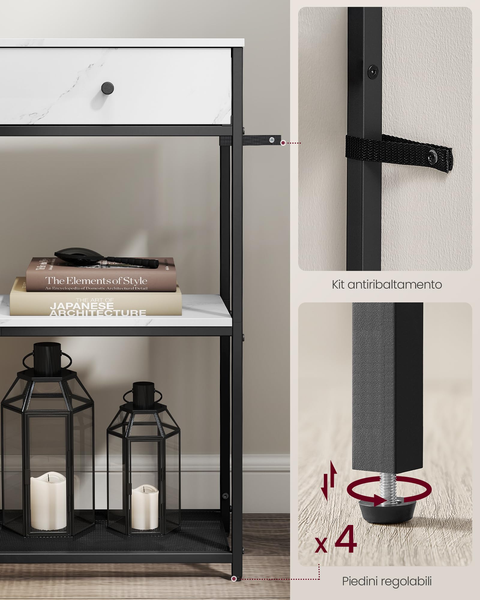 VASAGLE Tavolo Consolle Stretto, Tavolo da Ingresso con 2 Cassetti in Tessuto, Tavolino da Divano a 3 Livelli, 24 x 76 x 80 cm, per Ingresso, Soggiorno, Bianco Marmo e Nero Inchiostro LNT092W01