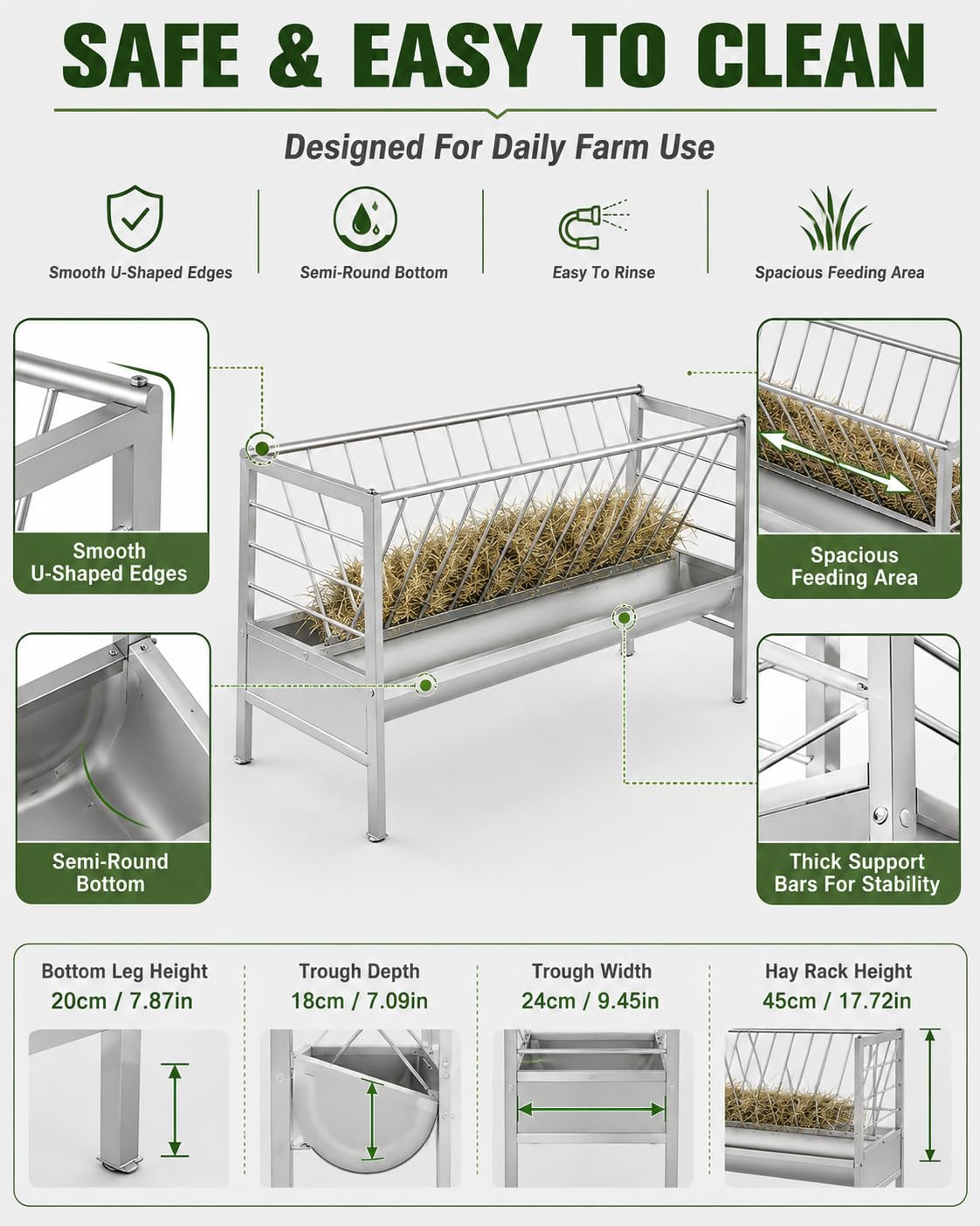 Paśnik Na Siano 2 W 1 Dla Kóz Z Głębokim Korytem Wytrzymały Pojemnik Na Ziarno Dla Owiec Koni Cieląt Na Pastwisko Do Obory Gospodarstwa I Hodowli Zwierząt,Silver,150cm