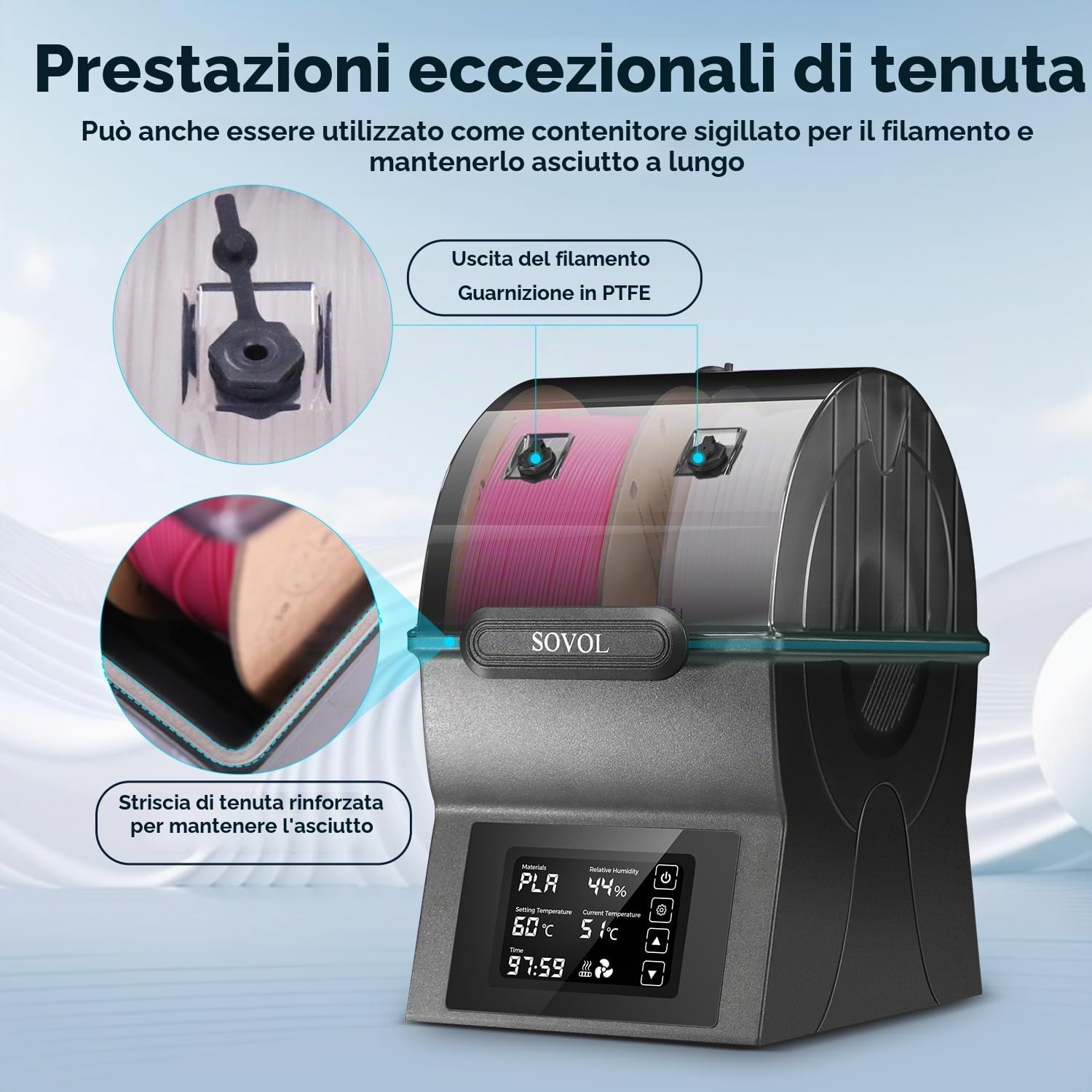 Sovol SH02 Essiccatore Filamento 3D 2025, Filament Dryer per 2 bobine di filamento 3D, 150W PTC Riscalda fino a 70°C per PLA/ABS/TPU/altri materiali di stampa 3D