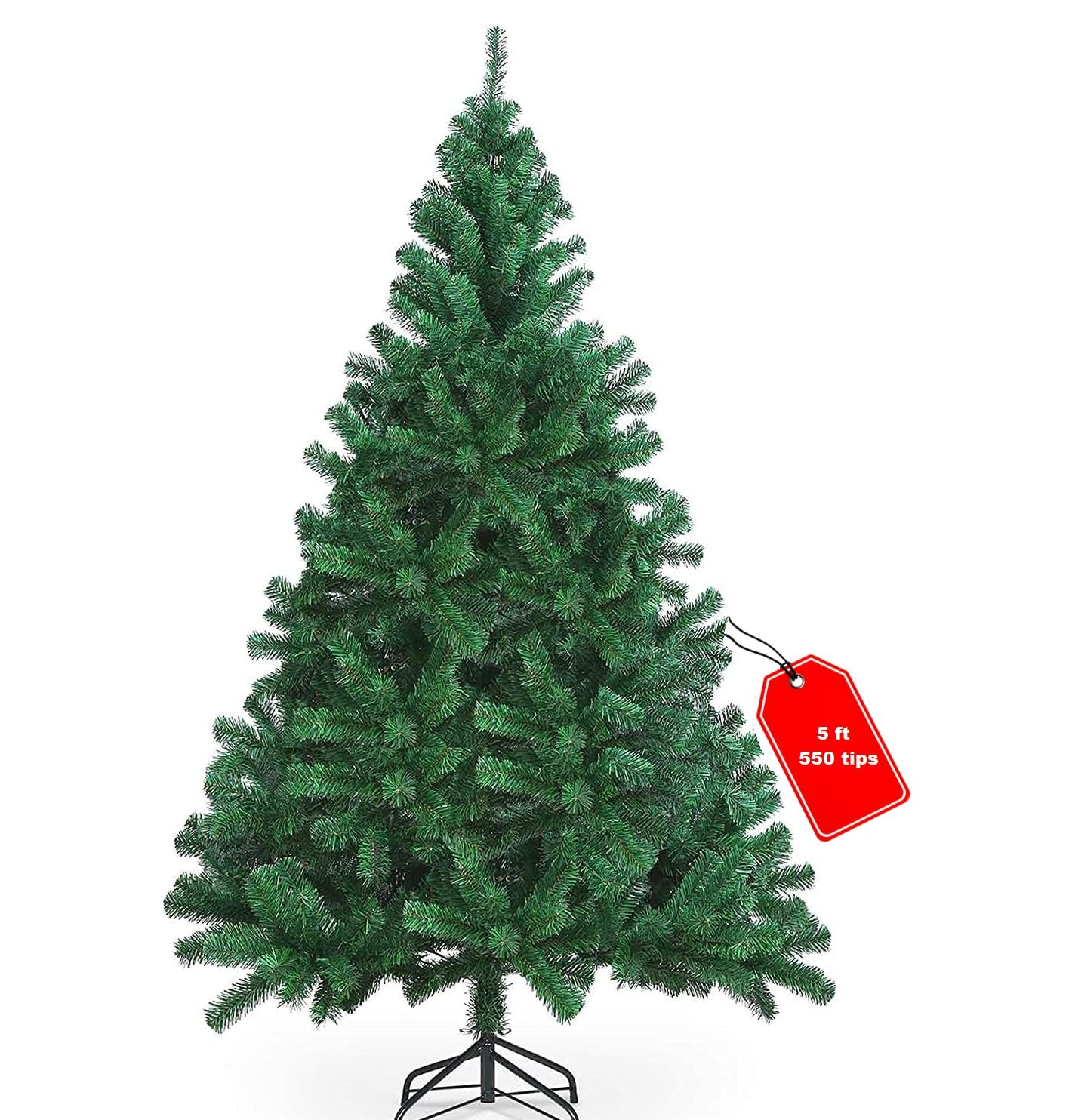 Optimal Products 5ft Christmas Tree 550 Tips Lush Xmas Tree Premium PVC Realistic Artificial Christmas Tree With Metal Stand, Green Christmas Trees in 5ft, 6ft & 7 ft Sizes Ideal Christmas Decoration