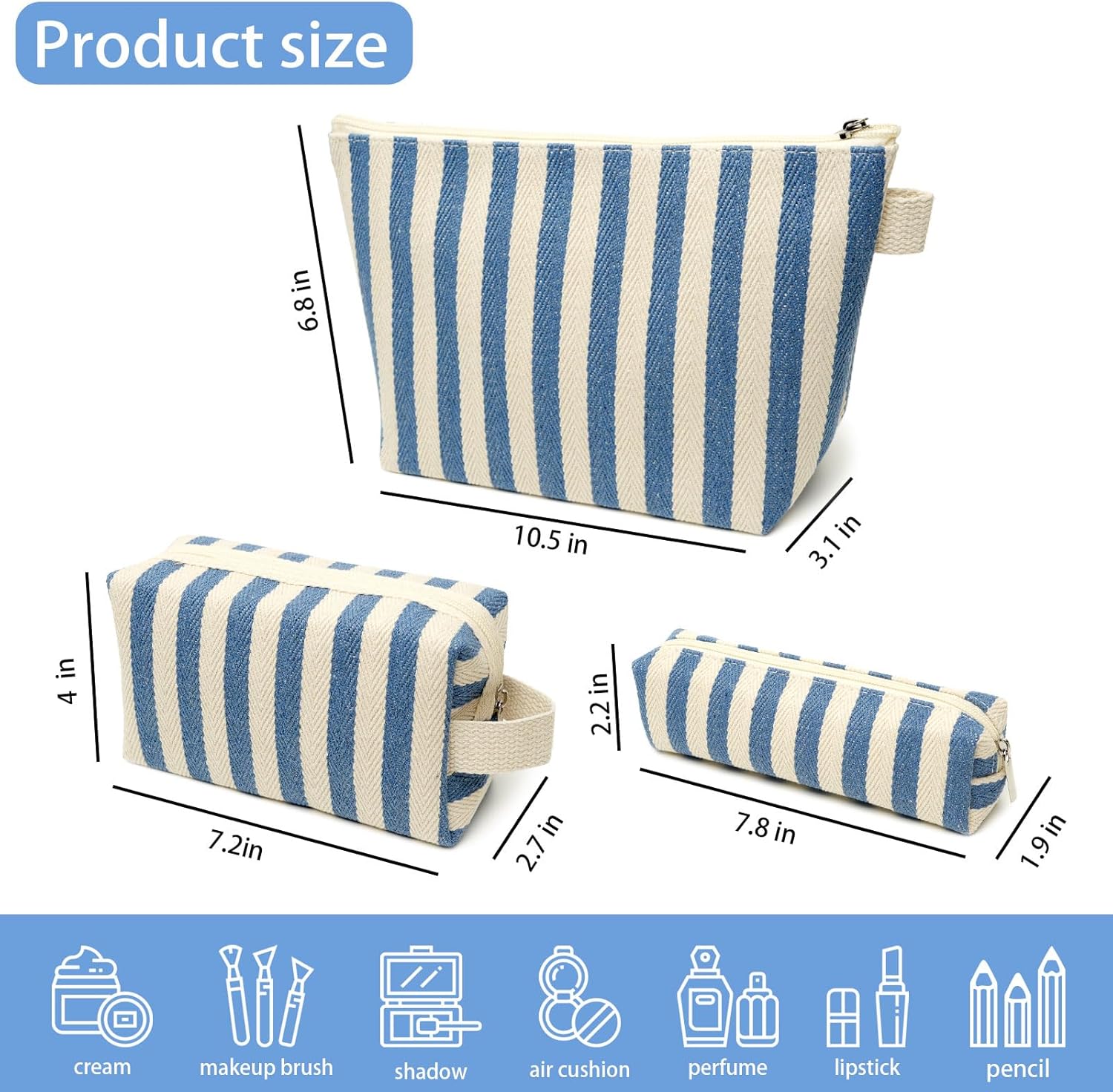 3 Pcs Makeup Bag Set Striped Canvas Purse Cosmetic Bag For Women Travel Toiletry Pouch Organizer pencil case (Blue-White) - Image 2