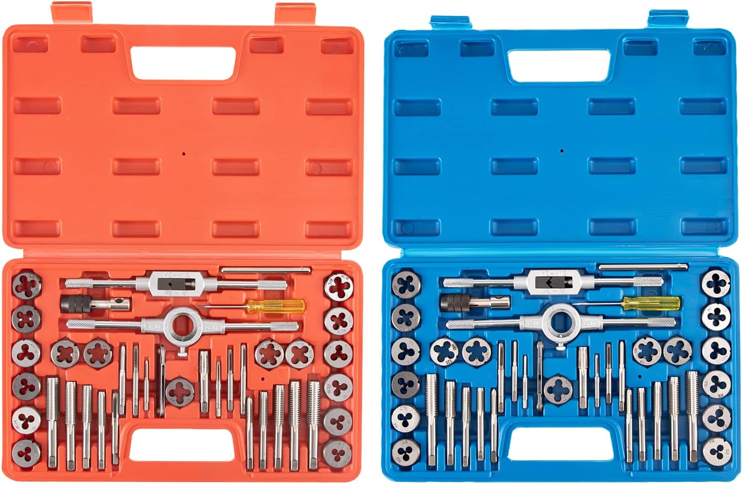 Orion Motor Tech SAE Tap and Die Set Standard | #4, 6, 8, 10, 12, 1/4, 5/16, 3/8, 7/16, 1/2" Tap Set and Die Set & Tap and Die Set Metric | M3, M4, M5, M6, M7, M8, M10, M12 Tap Set and Die Set, Bundle