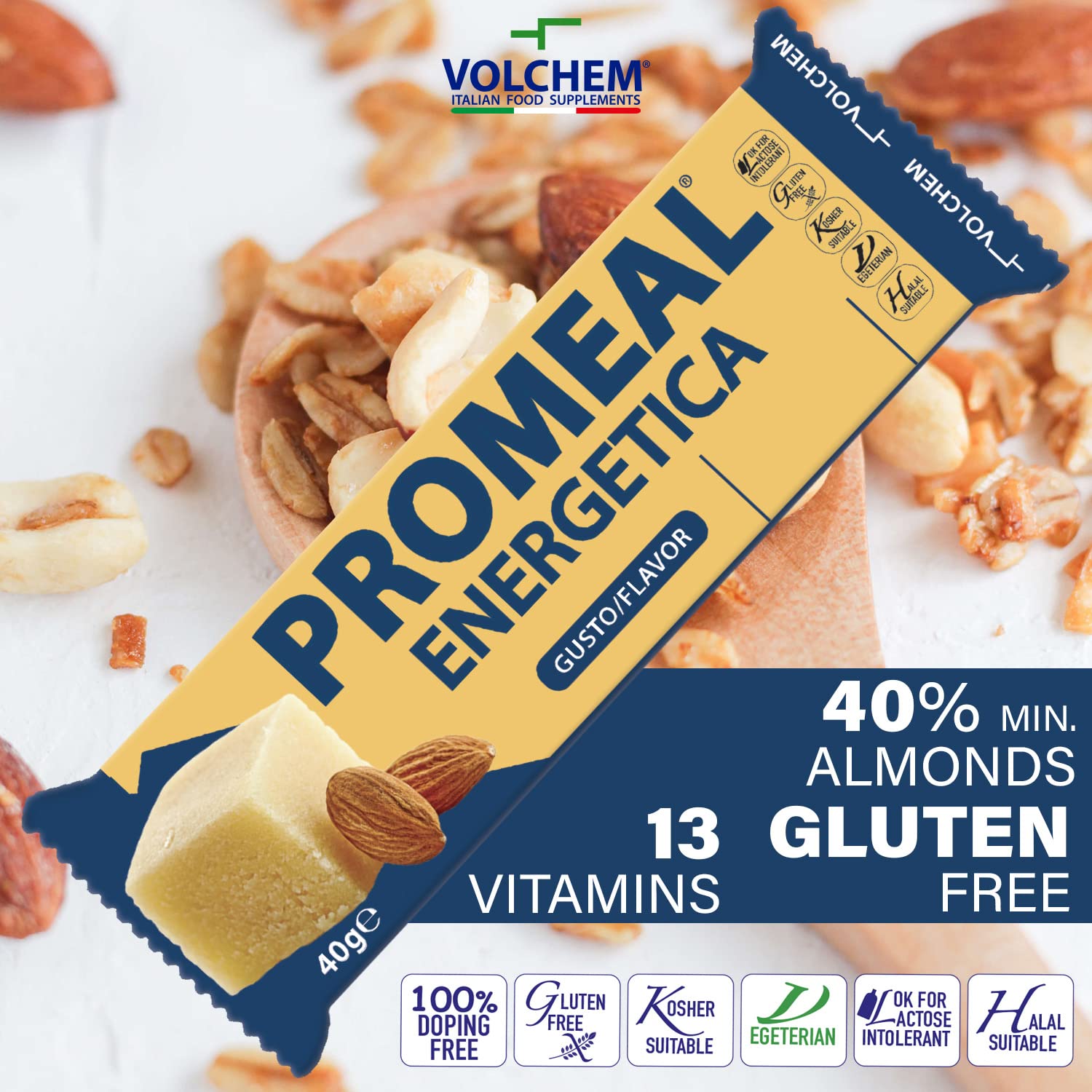Volchem Promeal Energetica, Barretta Energetica di Pasta di Mandorle ad Alta Digeribilità, con Vitamine e Minerali, Senza Conservanti e Coloranti, Scatola da 25 Barrette, Gusto Arancia, 1000 g