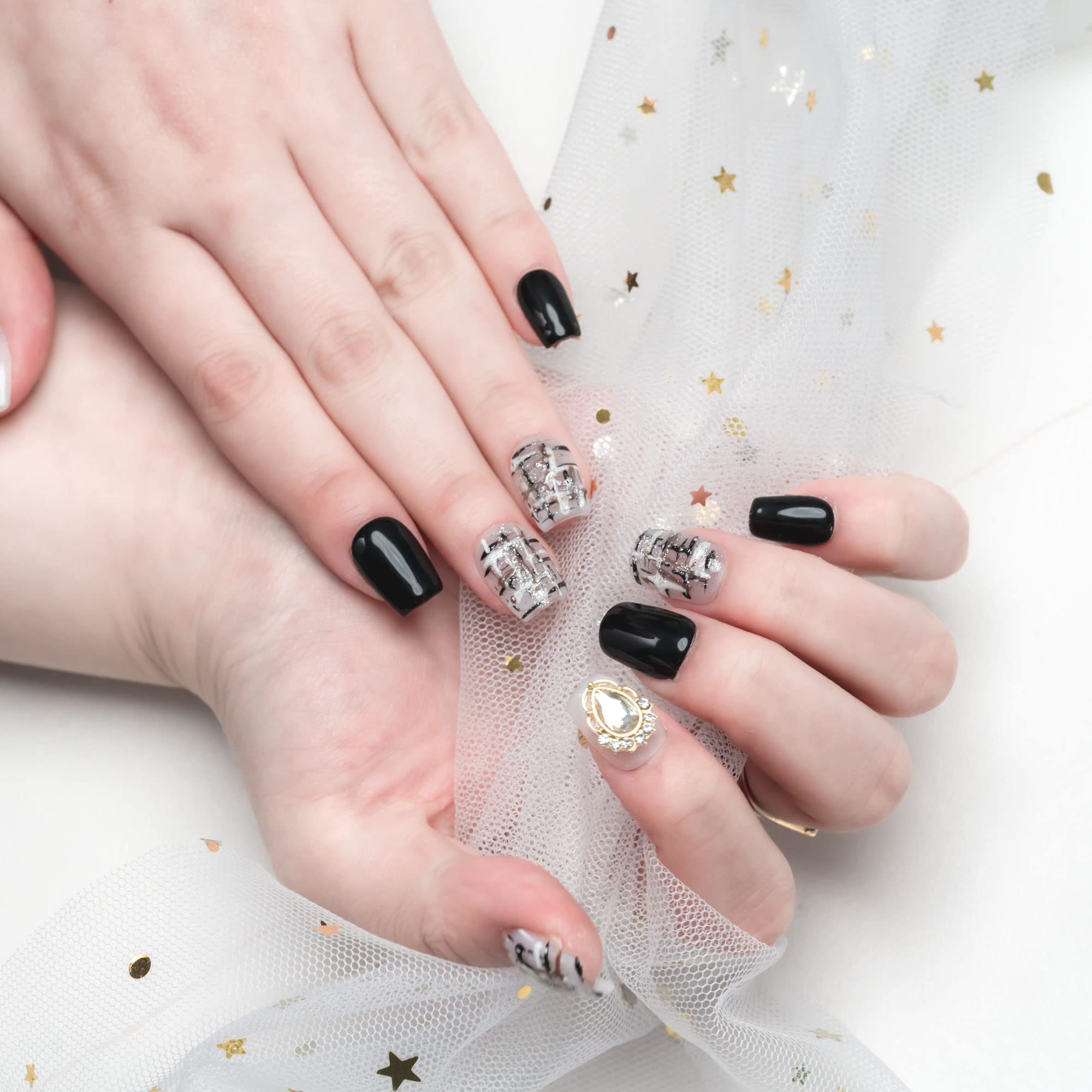 Sun&Beam Nails Handmade Press-on Short Square White Black Stripes Rhinestone 3D Design Fashion False Nail Tips 10 Pcs Set (#047 S) - Image 2