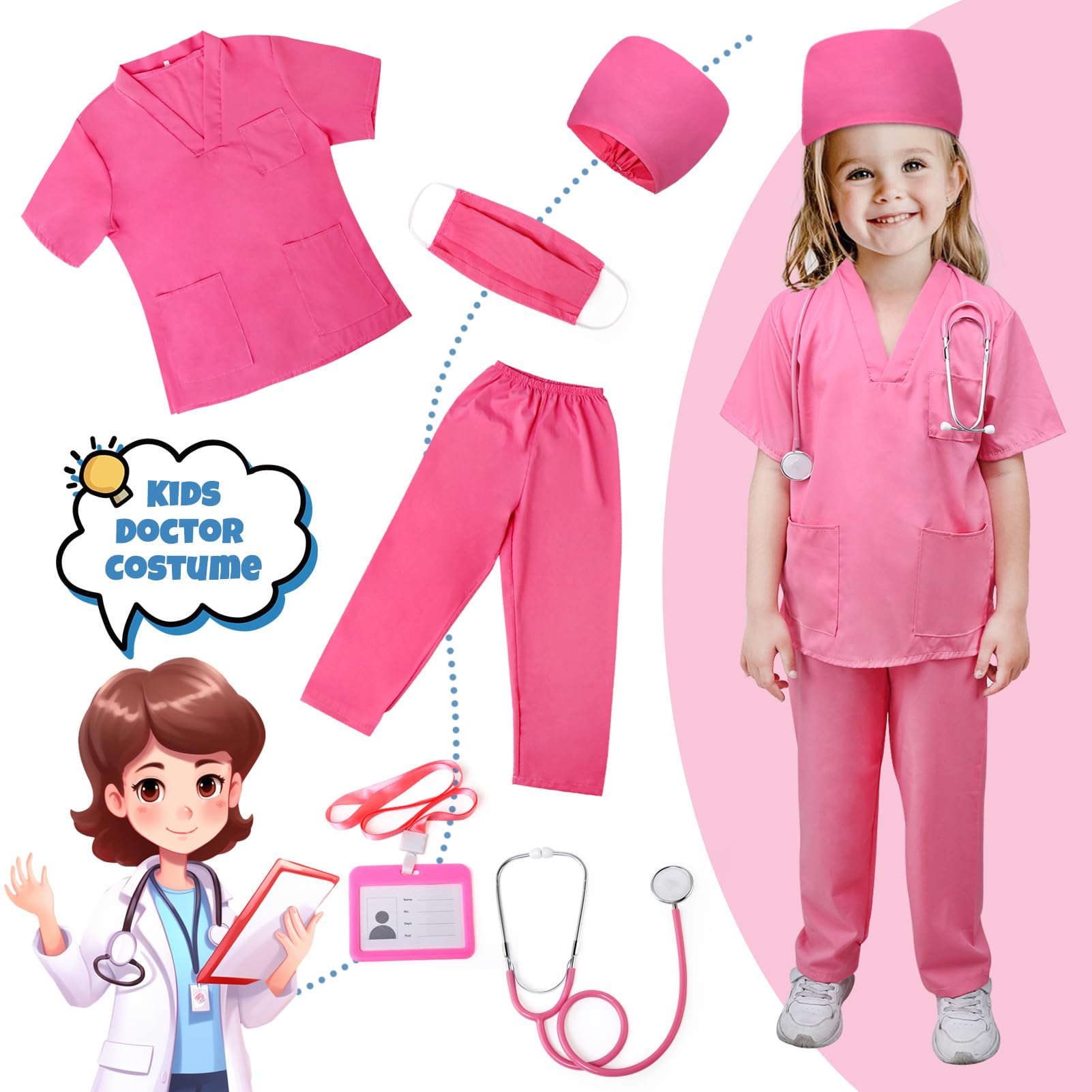 JoyPlus 8 Pcs Kids Doctor Costume Set,Nurse Suit Kit Uniform with Stethoscope - Image 2