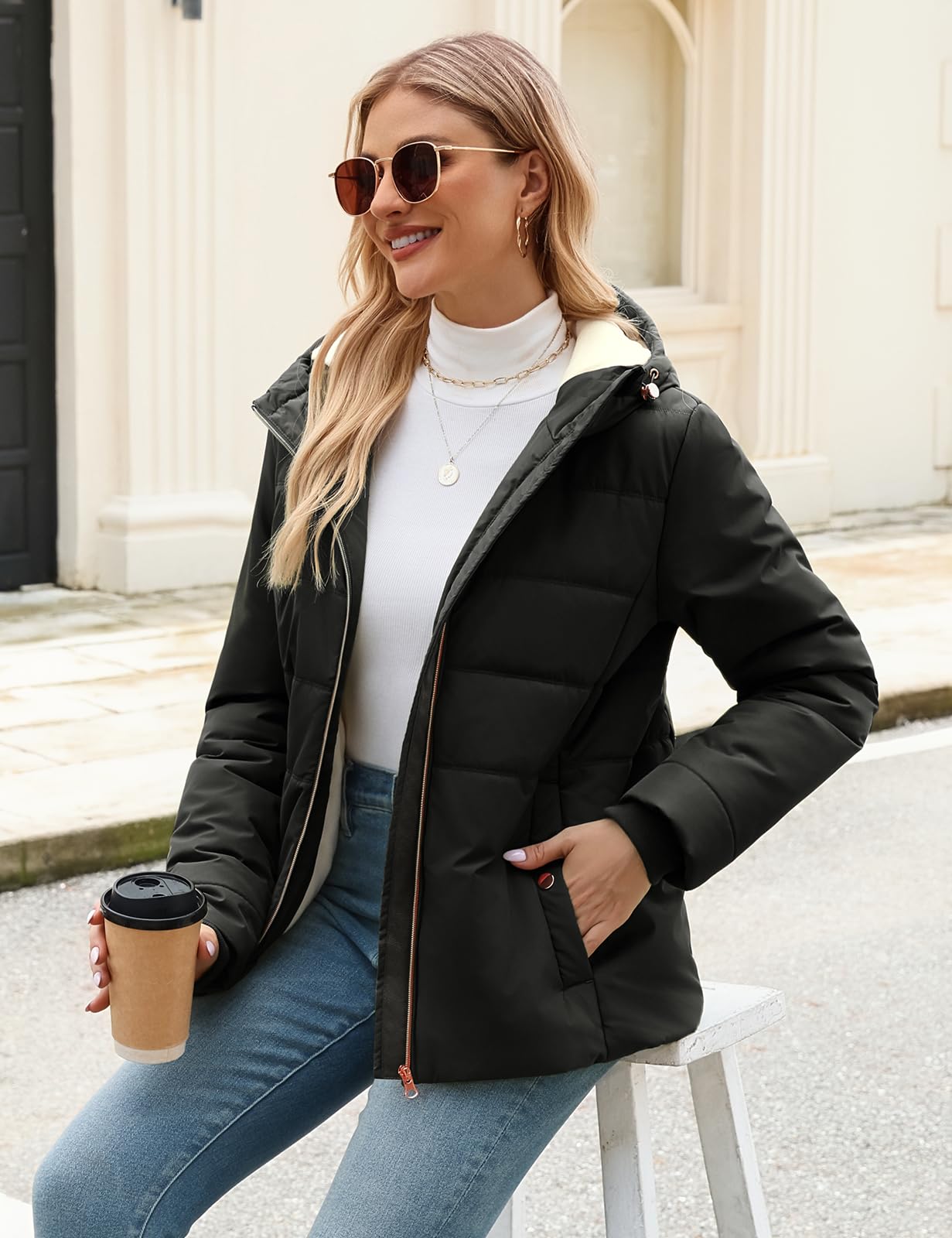 Vancavoo Giubbotto Donna Invernale Cappotti Caldo Giacca Corto Parka | Cappuccio Fisso con Coulisse, Tessuto Idrorepellente, Polsini a Coste, Zip Frontale e Tasche