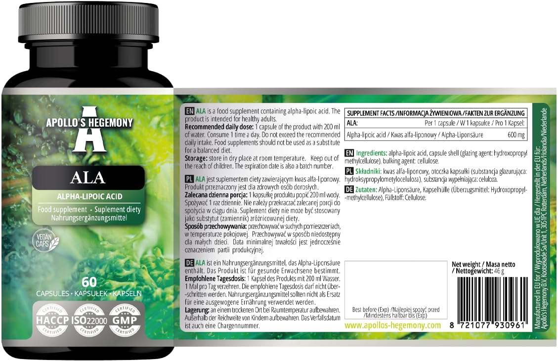 ALA (Alpha Lipoic Acid) 600 mg - 60 gélules végétaliennes - Optimise la gestion du glucose - Soutient la santé mitochondriale - Approvisionnement de deux mois - par Apollo's Hegemony