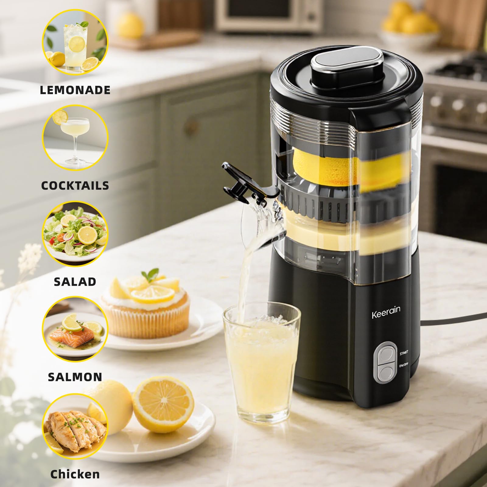 Exprimidor eléctrico de limón, máquina exprimidora de cítricos manos libres con cepillo de limpieza, exprimidor automático de jugo para limón, lima, pomelo, granada, operación con un solo toque y 4