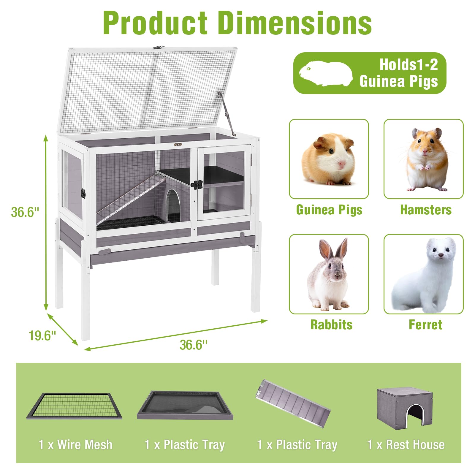 GUTINNEEN Indoor Guinea Pig Cage Rabbit Hutch with Chew-Proof Ramp, 2-Story Wooden Bunny House with Pull-Out Trays & Leakproof PVC Layer, Small Animal Cages with Detachable Legs (Gray)