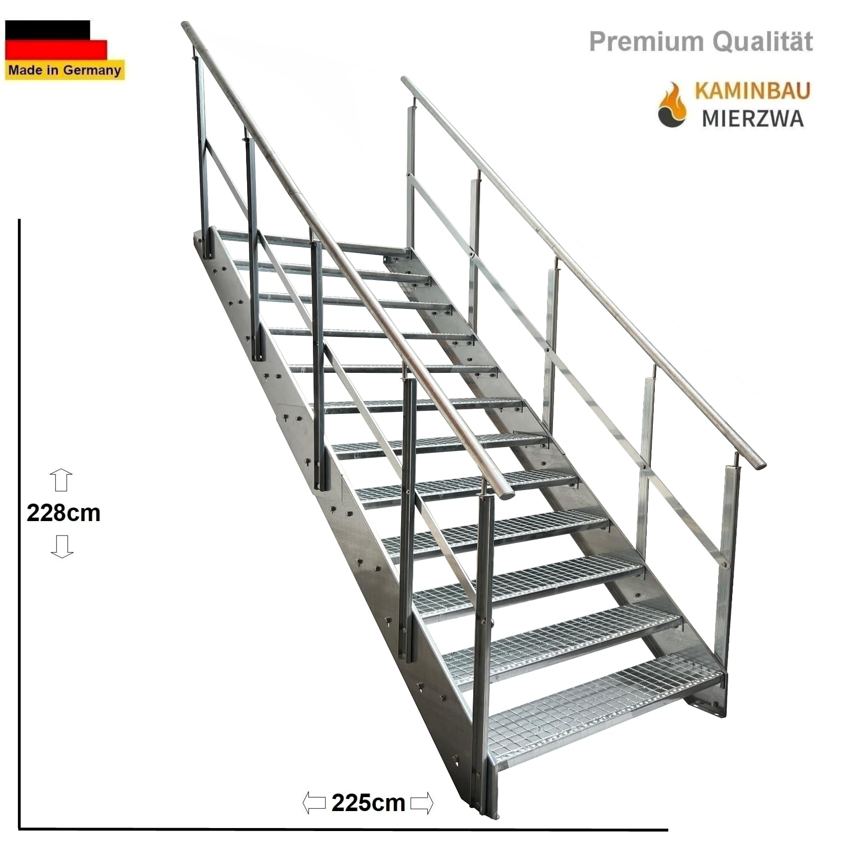 Scala Premium in Acciaio con Ringhiera su Entrambi i Lati Completamente Zincata / 12 Gradini (Larghezza 800 mm) (Altezza 228 cm) Resistente alle Intemperie Gradino a Griglia Scala da