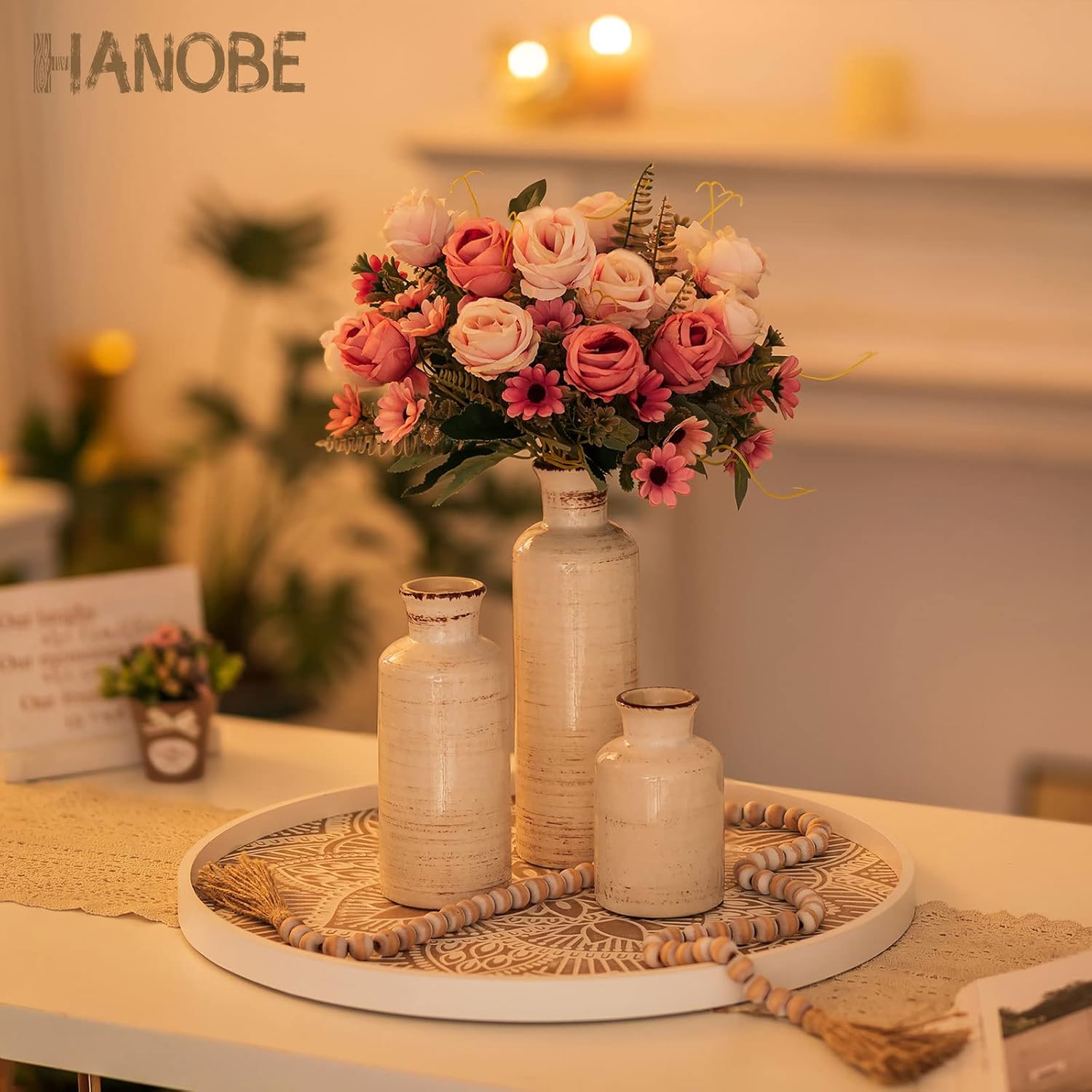 Hanobe Large Round Decorative Tray: Boho Coffee Table Trays Centerpiece for Home Decor - Farmhouse White Washed Rustic Serving for Women Kitchen Counter Ottoman - Image 3