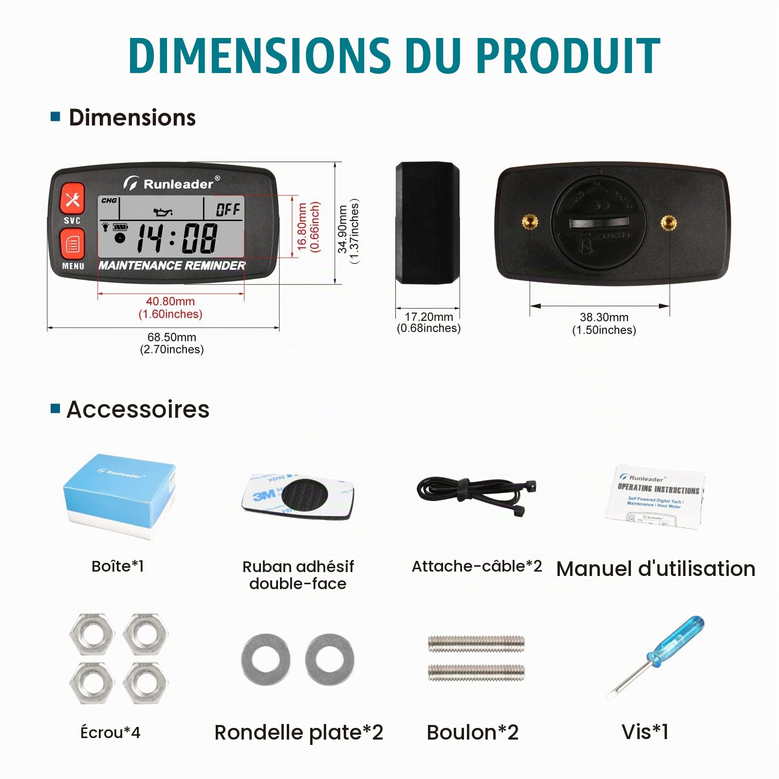 Tachymètre de compteur horaire auto-alimenté numérique Runleader, alerte de régime, rappels d'entretien multiples, affichage et sélection de rétroéclairage pour tondeuse à gazon générateur.