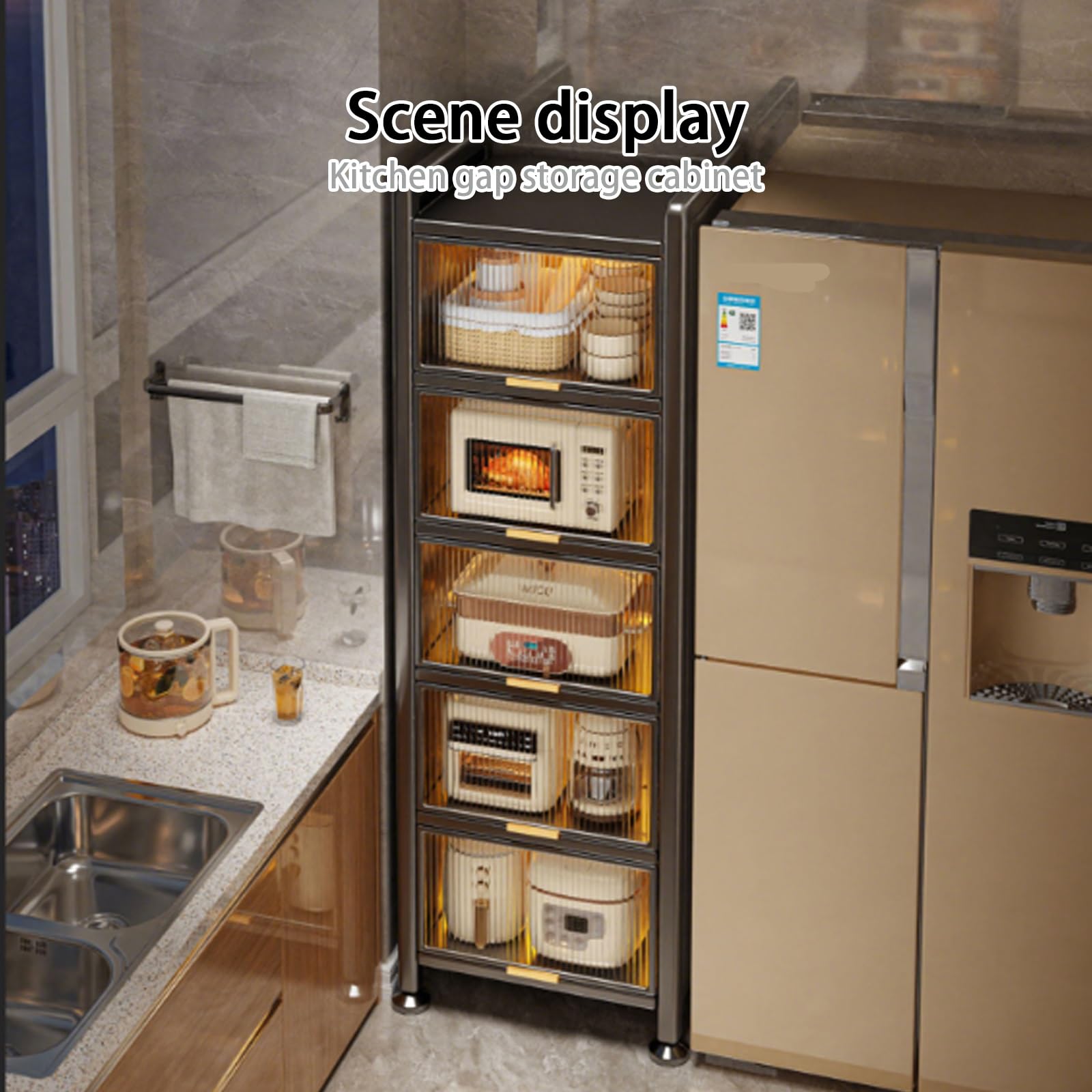 Carrito de almacenamiento delgado con puertas abatibles, estante de acero al carbono transparente para cocina, sala de estar y comedor (blanco, 27.5 x 16.5 x 69.2 pulgadas)