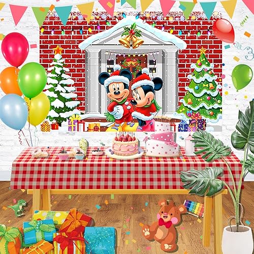 Miniatura 2 de Telón de fondo de Navidad para decoración de fiesta de Mickey Mouse, 5 x 3 pies (rojo y verde), tela de poliéster