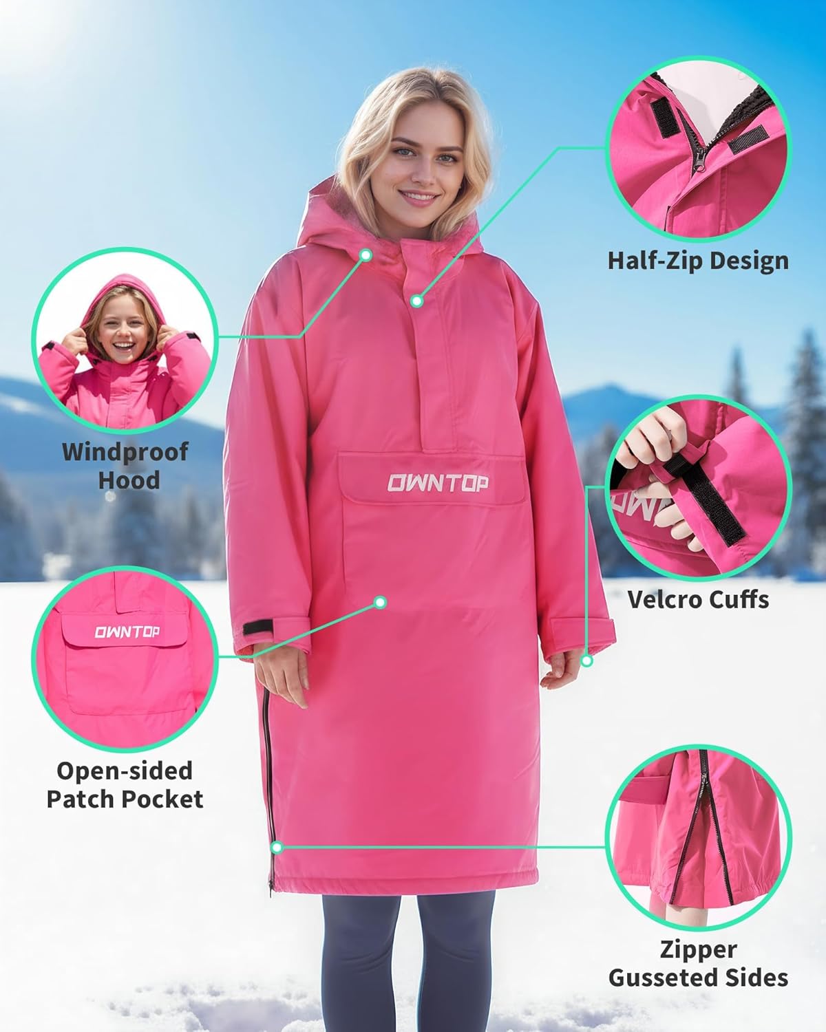 Owntop Swim Parka Waterproof Youth Adult | Front Pocket & Extendable Hem | Sherpa Fleece | Changing Coat for Beach Pool - Image 4