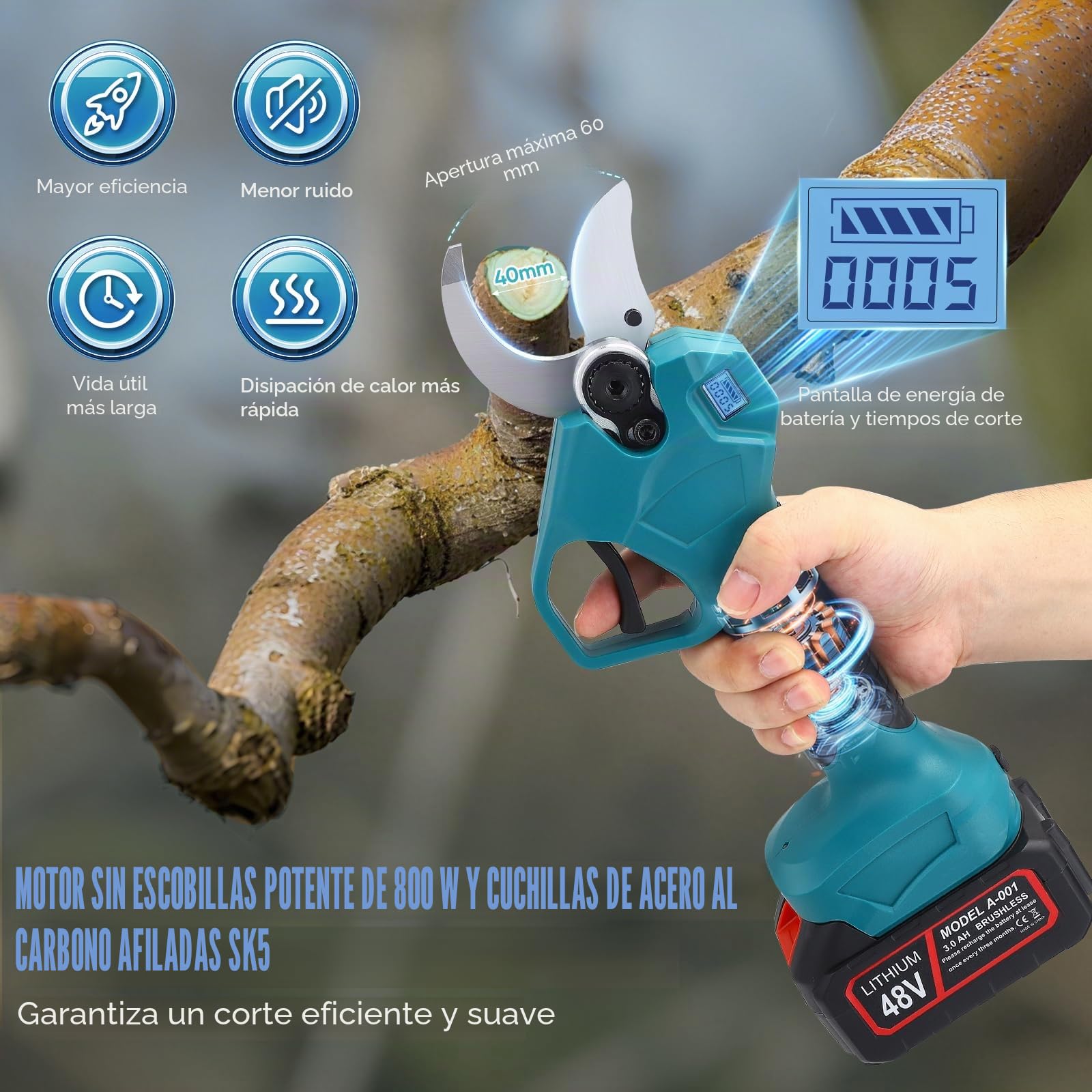 Élagueuse sur perche sans fil 2-en-1 | Perche télescopique de 2,3 m | Écran LCD | 2 batteries 21 V 3,0 Ah | Diamètre de coupe de 40 mm | Compatible Makita | Élagueuse sans fil (2 IN 1)