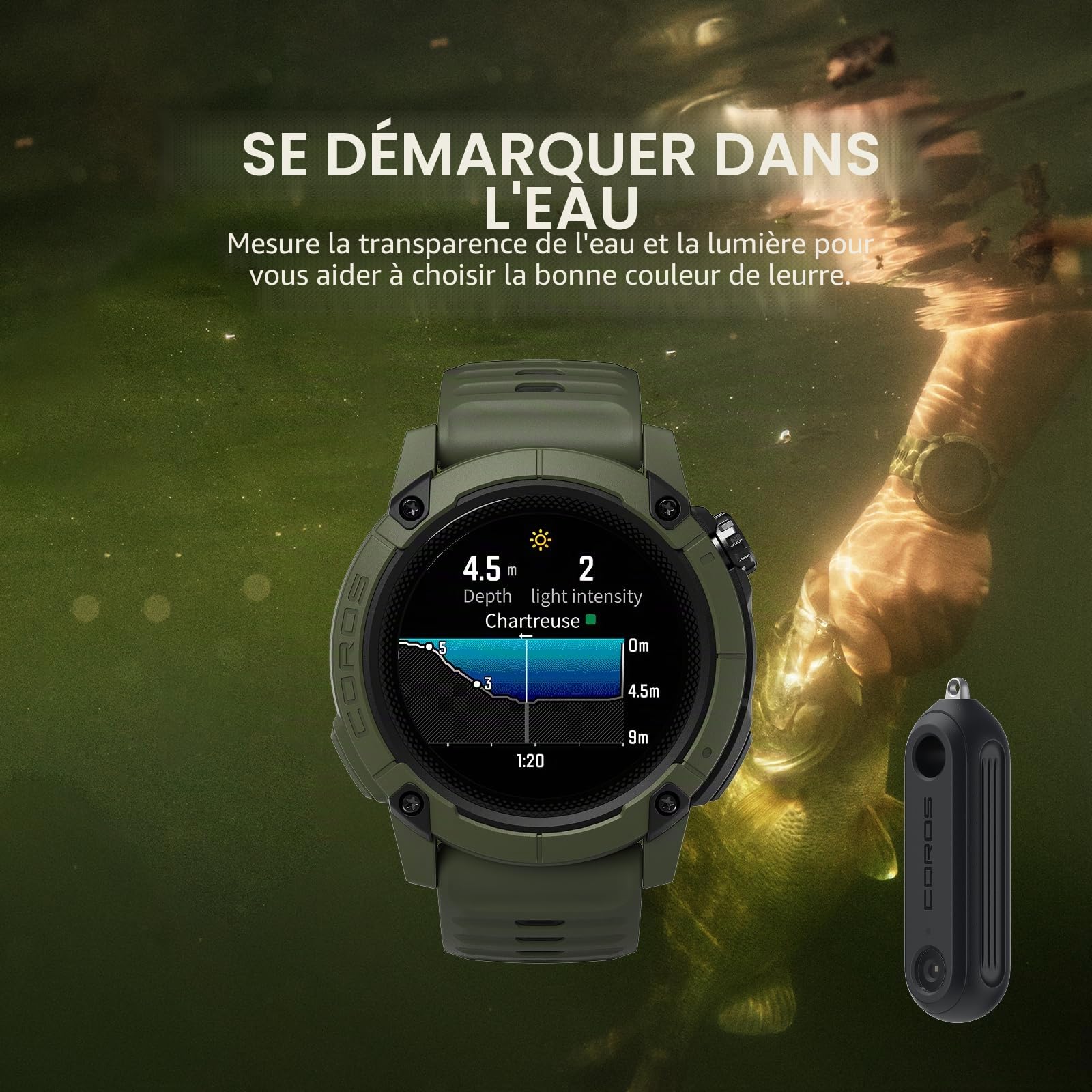 COROS HYDROP Sondeur de pêche - Capteur léger et lançable | Mesure profondeur, température, luminosité et couleur de l'eau, Compatible COROS NOMAD et VERTIX 2S